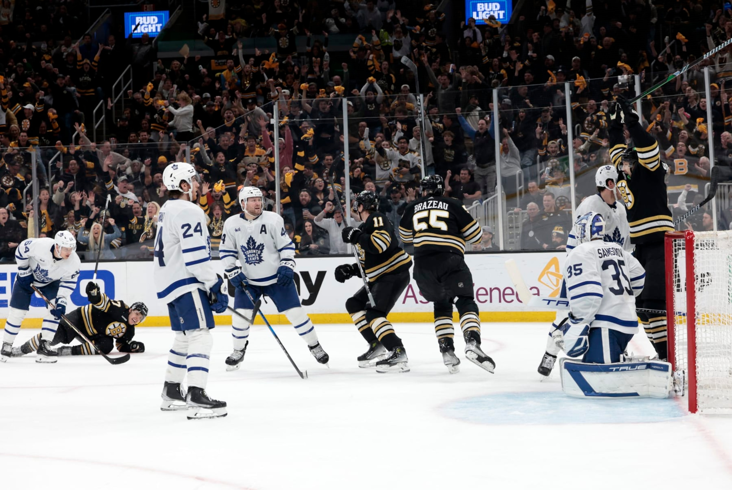 BOSTON, MA - MAY 04: TD Garden erupts as Boston Bruins defenseman Hampus Lindholm (27) ties the contest during Game 7 of the Eastern Conference First Round playoffs between the Boston Bruins and the Toronto Maple Leafs on May 4, 2024, at TD Garden in Boston, Massachusetts. (Photo by Fred Kfoury III/Icon Sportswire via Getty Images)