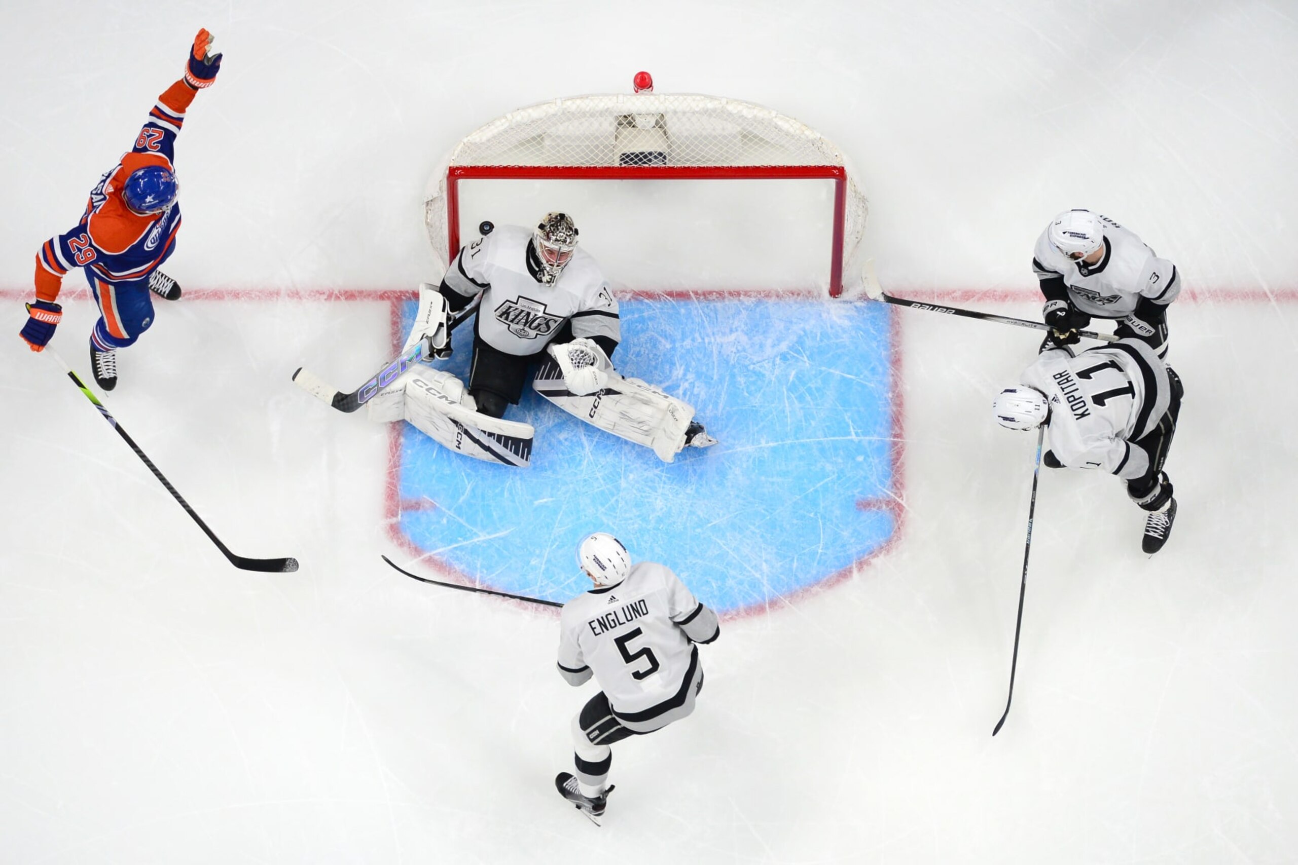 EDMONTON, CANADA - MAY 01: Goaltender David Rittich #31 of the Los Angeles Kings reacts after Evander Kane #91 of the Edmonton Oilers scores a first-period goal in Game Five of the First Round of the 2024 Stanley Cup Playoffs at Rogers Place on May 1, 2024, in Edmonton, Alberta, Canada. (Photo by Andy Devlin/NHLI via Getty Images)