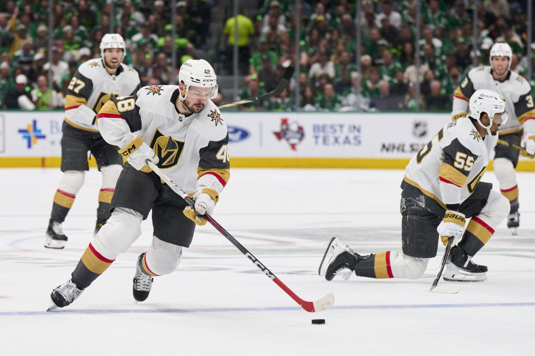 DALLAS, TEXAS - MAY 05: Tomas Hertl #48 of the Vegas Golden Knights controls the puck against the Dallas Stars in Game Seven of the First Round of the 2024 Stanley Cup Playoffs at the American Airlines Center on May 5, 2024 in Dallas, Texas.  (Photo by Cooper Neill/Getty Images)