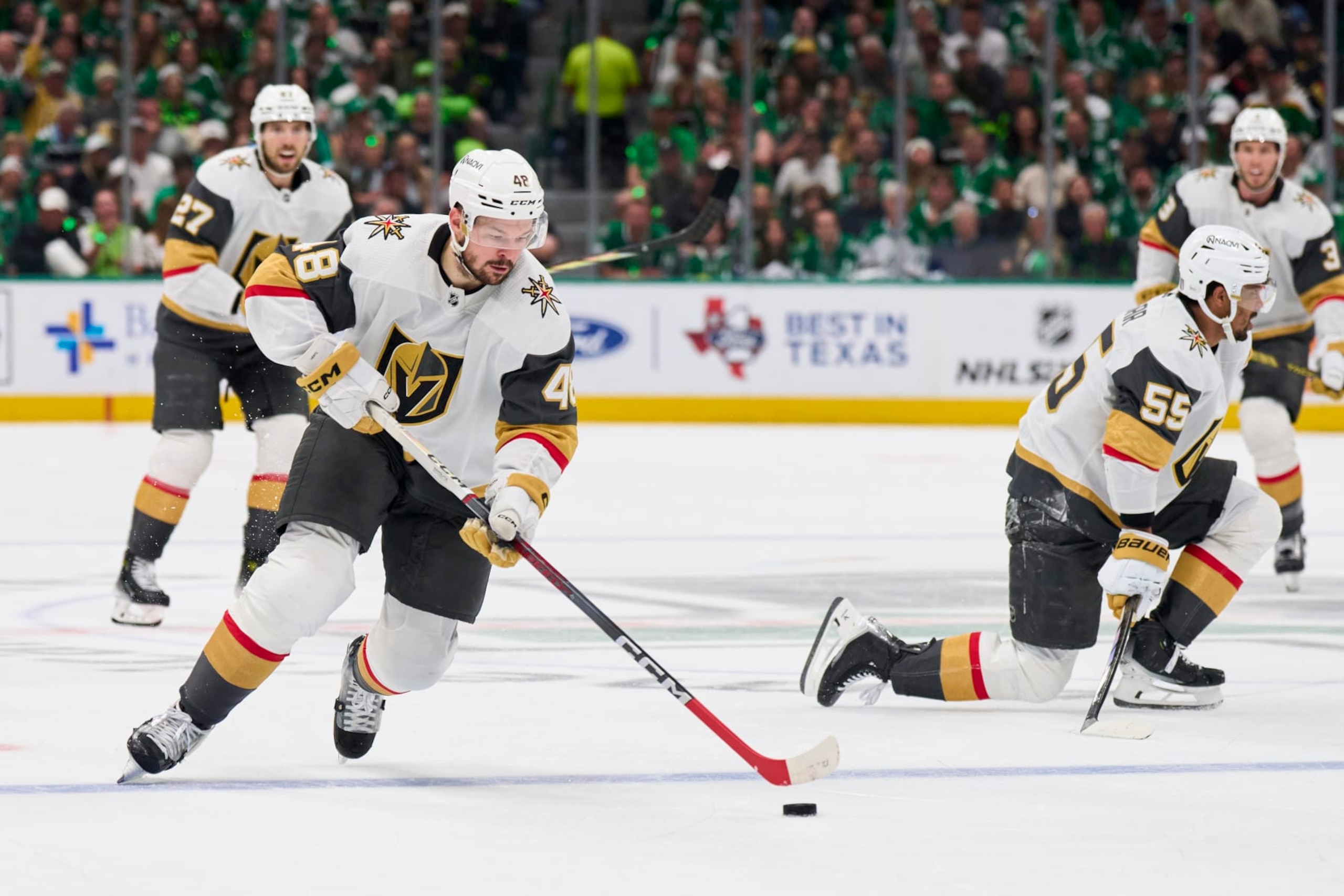 DALLAS, TEXAS - MAY 05: Tomas Hertl #48 of the Vegas Golden Knights controls the puck against the Dallas Stars in Game Seven of the First Round of the 2024 Stanley Cup Playoffs at the American Airlines Center on May 5, 2024 in Dallas, Texas.  (Photo by Cooper Neill/Getty Images)