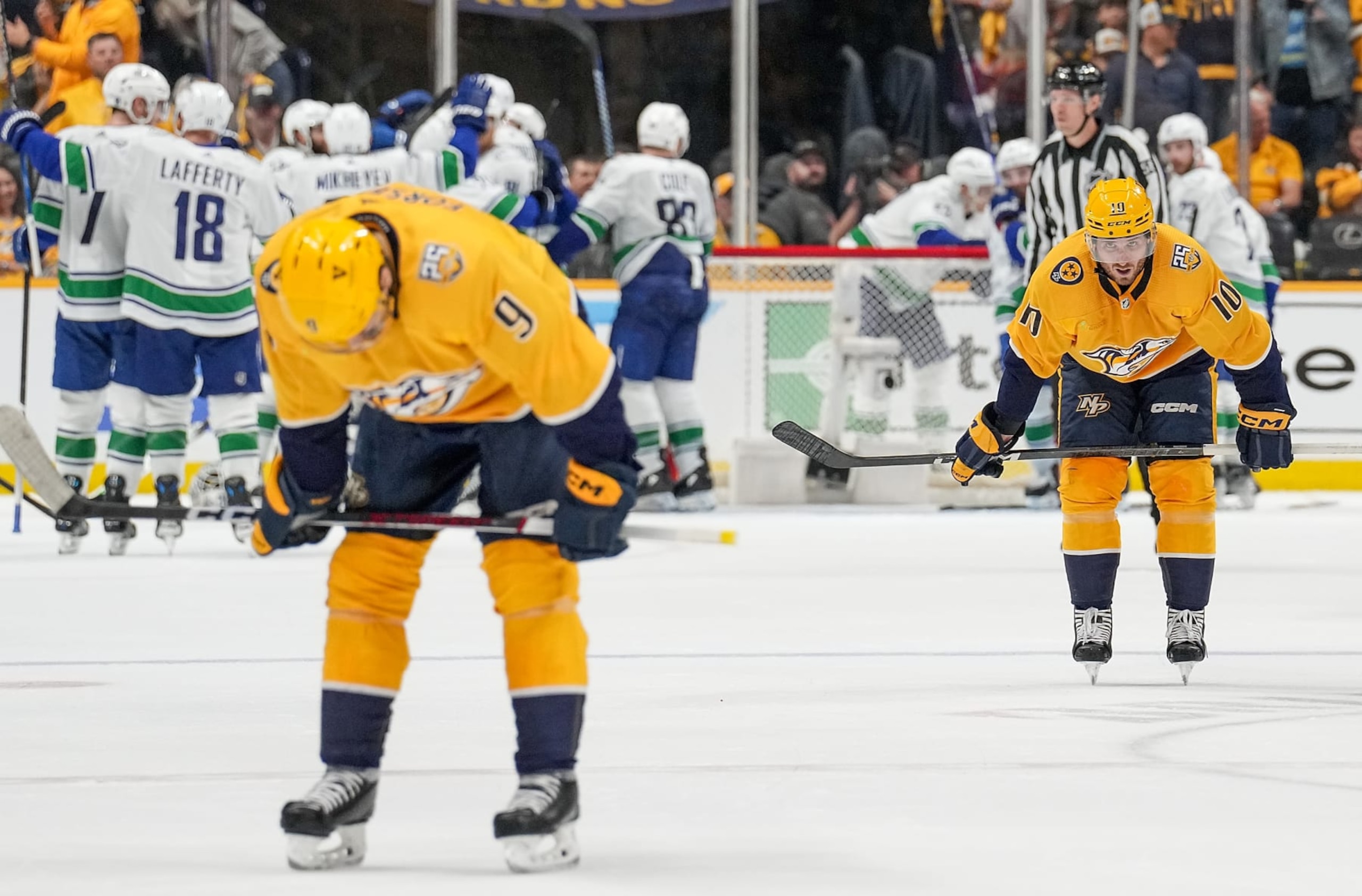 NASHVILLE, TENNESSEE - MAY 3: Colton Sissons #10 of the Nashville Predators skates off the ice after a 1-0 loss to the Vancouver Canucks to end the series in Game Six of the First Round of the 2024 Stanley Cup Playoffs at Bridgestone Arena on May 3, 2024 in Nashville, Tennessee. (Photo by John Russell/NHLI via Getty Images)