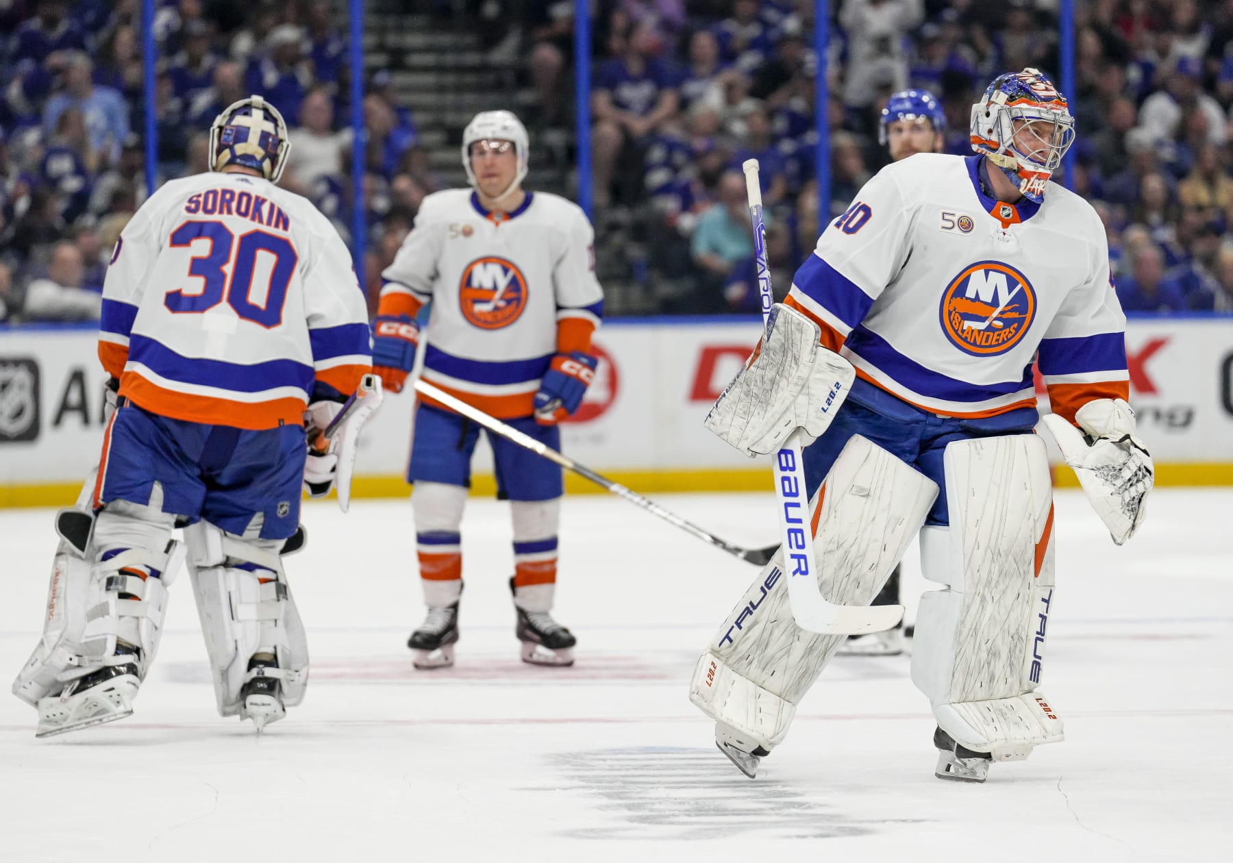 TAMPA, FL - APRIL 01: New York Islanders switch goalies New York Islanders goaltender Ilya Sorokin (30) out and New York Islanders goaltender Semyon Varlamov (40) in during the NHL Hockey match between the Tampa Bay Lightning and New York Islanders on April 1st 2023 at Amalie Arena in Tampa, FL. (Photo by Andrew Bershaw/Icon Sportswire via Getty Images)