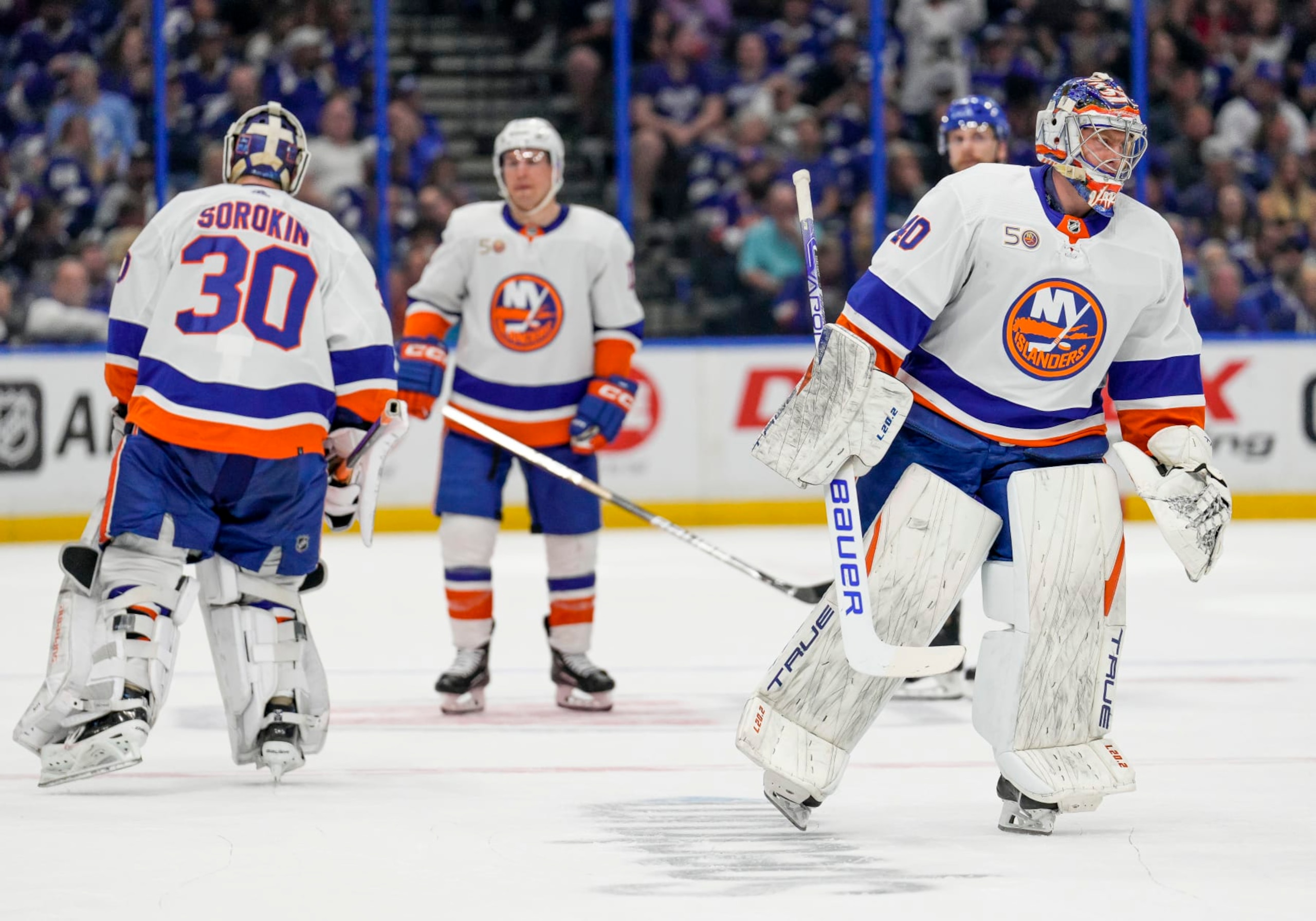 TAMPA, FL - APRIL 01: New York Islanders switch goalies New York Islanders goaltender Ilya Sorokin (30) out and New York Islanders goaltender Semyon Varlamov (40) in during the NHL Hockey match between the Tampa Bay Lightning and New York Islanders on April 1st 2023 at Amalie Arena in Tampa, FL. (Photo by Andrew Bershaw/Icon Sportswire via Getty Images)