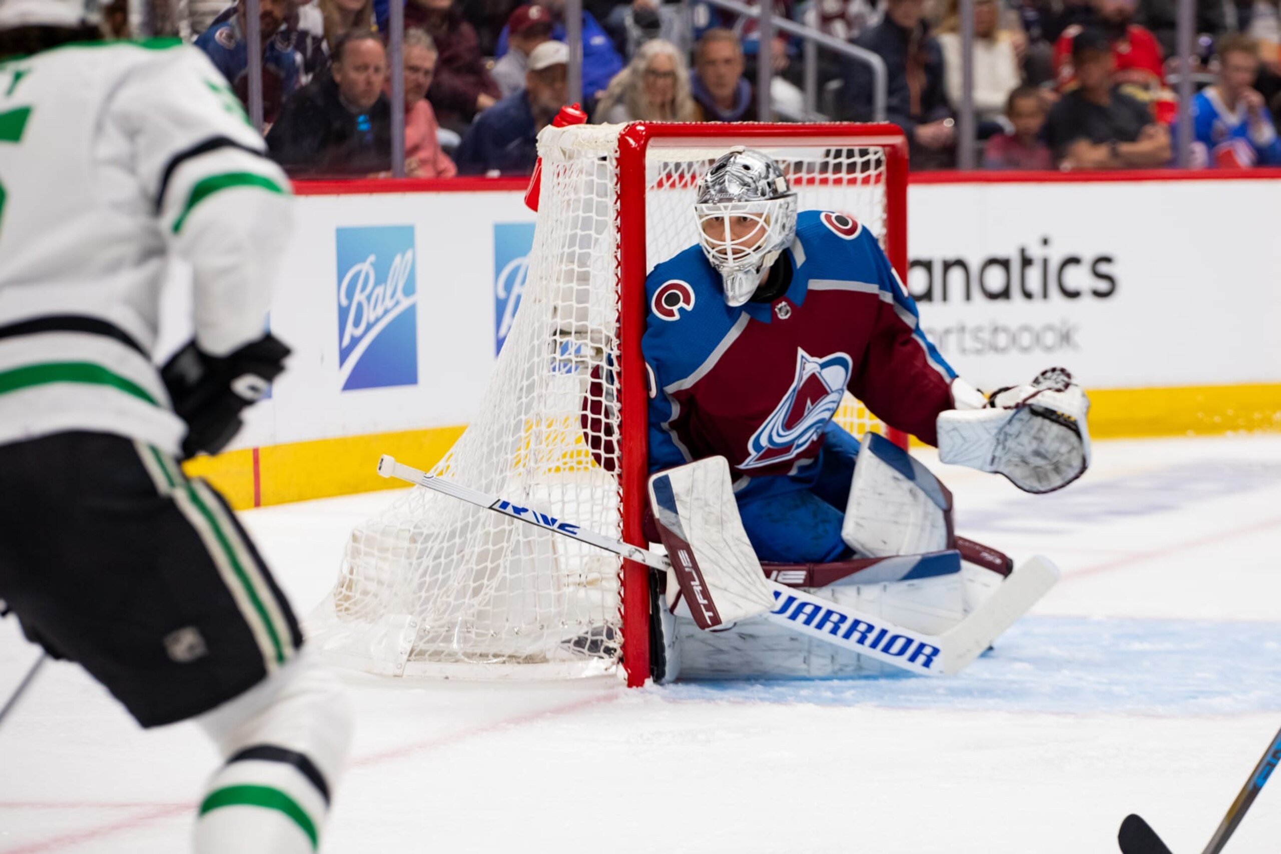 DENVER, COLORADO - MAY 11: Alexandar Georgiev #40 of the Colorado Avalanche gets ready for a shot during the first period of Game Three of the Second Round of the Stanley Cup Playoffs against the Dallas Stars at Ball Arena on May 11, 2024 in Denver, Colorado. (Photo by Ashley Potts/NHLI via Getty Images)