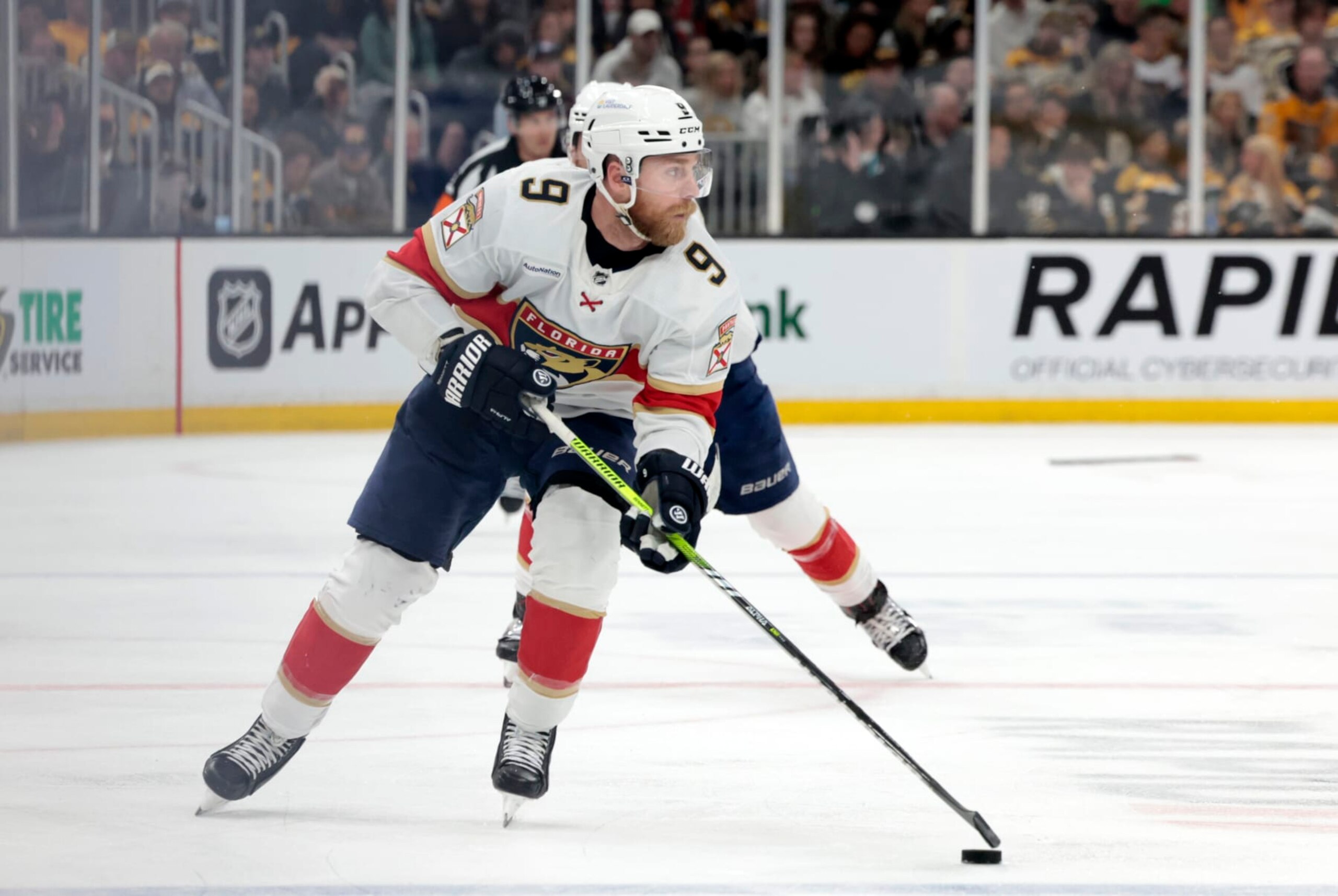 BOSTON, MA - MAY 10: Florida Panthers center Sam Bennett (9) carries the puck during Game 3 of the Eastern Conference Second Round playoffs between the Boston Bruins and the Florida Panthers  on May 10, 2024, at TD Garden in Boston, Massachusetts.(Photo by Fred Kfoury III/Icon Sportswire via Getty Images)
