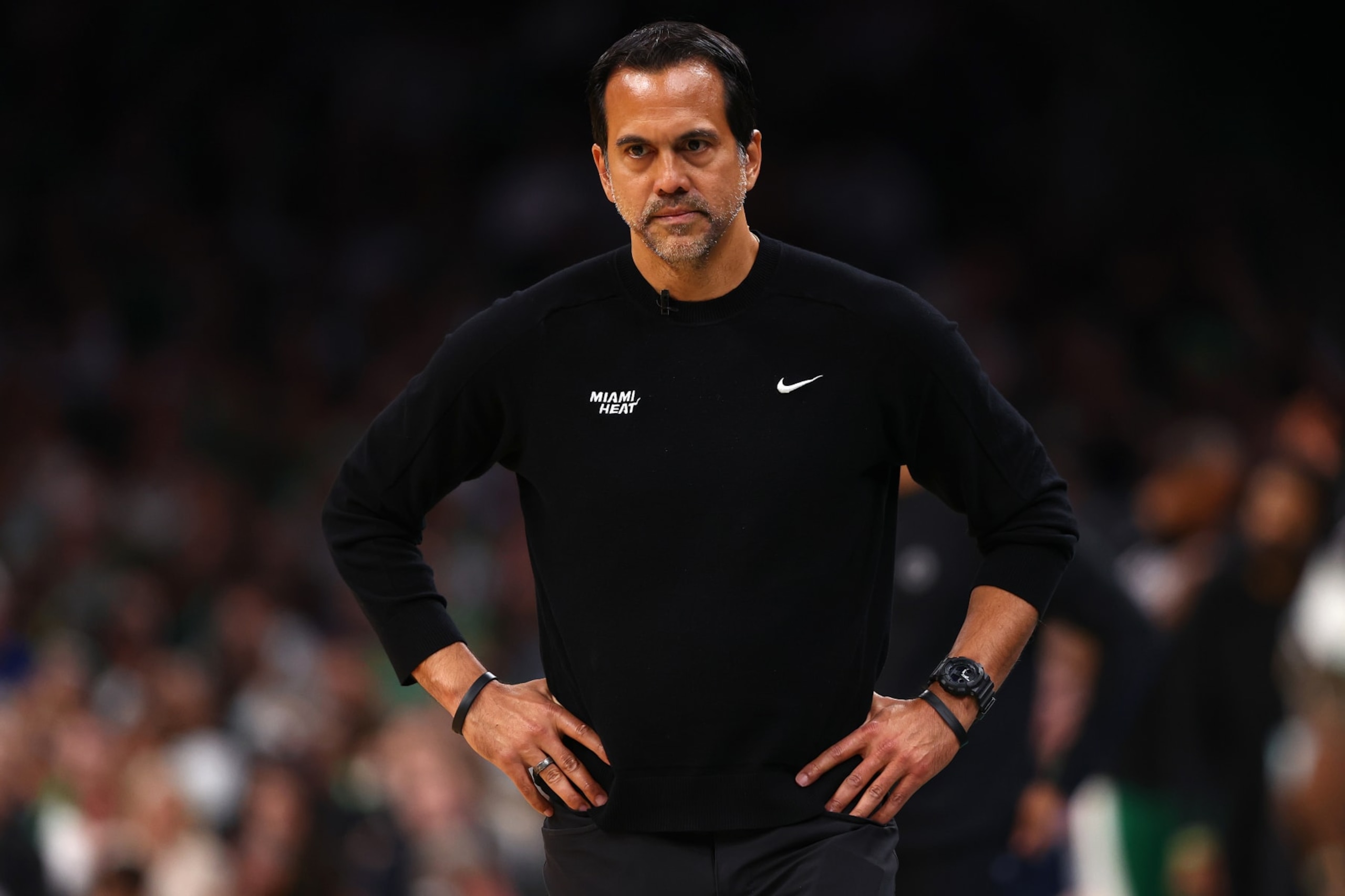 BOSTON, MASSACHUSETTS - MAY 01: Miami Heat coach Erik Spoelstra looks on during the third quarter of game five of the Eastern Conference First Round Playoffs at TD Garden on May 01, 2024 in Boston, Massachusetts. NOTE TO USER: User expressly acknowledges and agrees that, by downloading and/or using this Photograph, user is consenting to the terms and conditions of the Getty Images License Agreement. (Photo by Maddie Meyer/Getty Images) BOSTON, MASSACHUSETTS - MAY 01: Miami Heat coach Erik Spoelstra looks on during the third quarter of game five of the Eastern Conference First Round Playoffs at TD Garden on May 01, 2024 in Boston, Massachusetts. NOTE TO USER: User expressly acknowledges and agrees that, by downloading and/or using this Photograph, user is consenting to the terms and conditions of the Getty Images License Agreement. (Photo by Maddie Meyer/Getty Images)