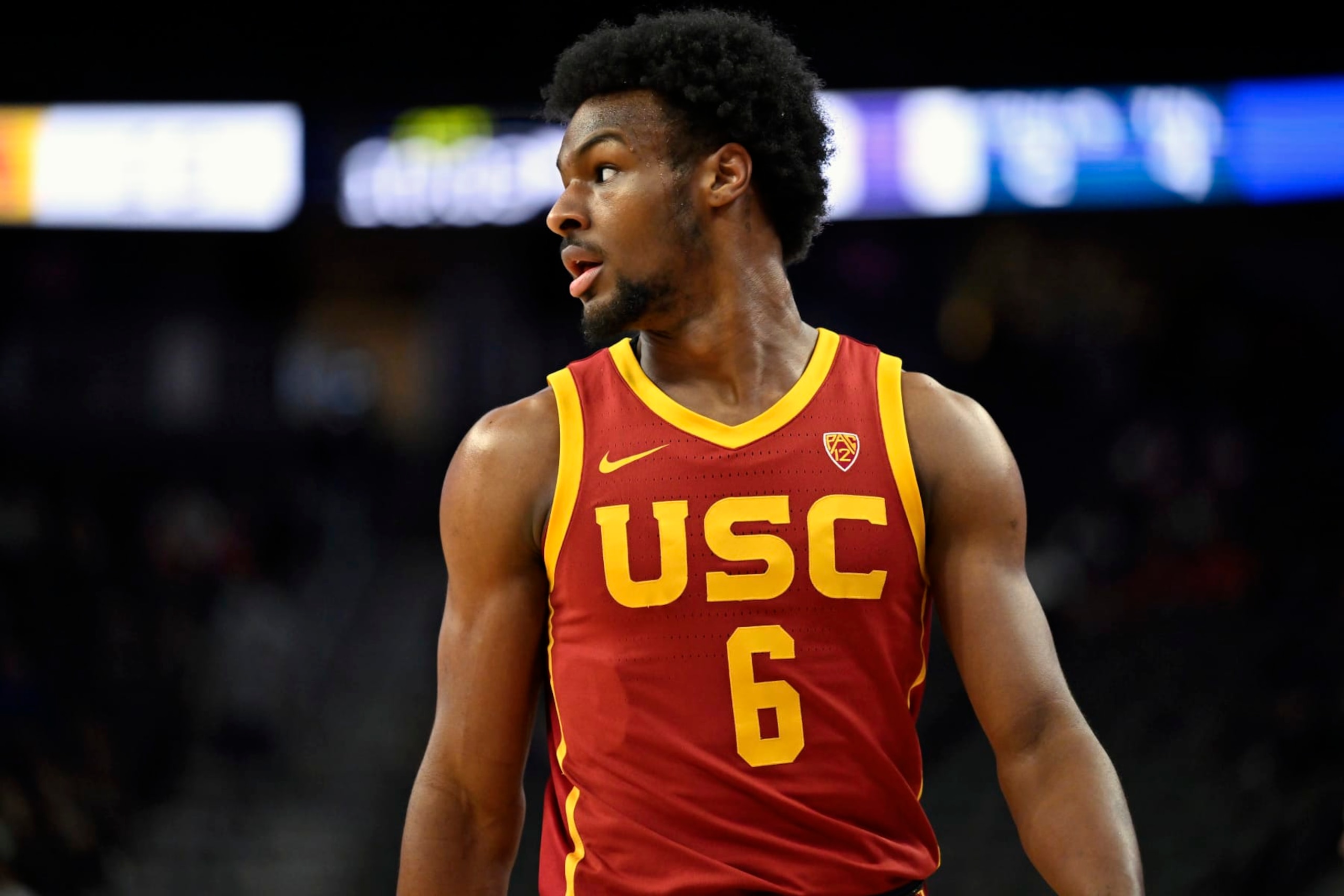 LAS VEGAS, NEVADA - MARCH 13: Bronny James #6 of the USC Trojans looks on in the first half of a first round game against the Washington Huskies during the Pac-12 Conference basketball tournament at T-Mobile Arena on March 13, 2024 in Las Vegas, Nevada. The Trojans defeated the Huskies 80-74. (Photo by David Becker/Getty Images) LAS VEGAS, NEVADA - MARCH 13: Bronny James #6 of the USC Trojans looks on in the first half of a first round game against the Washington Huskies during the Pac-12 Conference basketball tournament at T-Mobile Arena on March 13, 2024 in Las Vegas, Nevada. The Trojans defeated the Huskies 80-74. (Photo by David Becker/Getty Images)