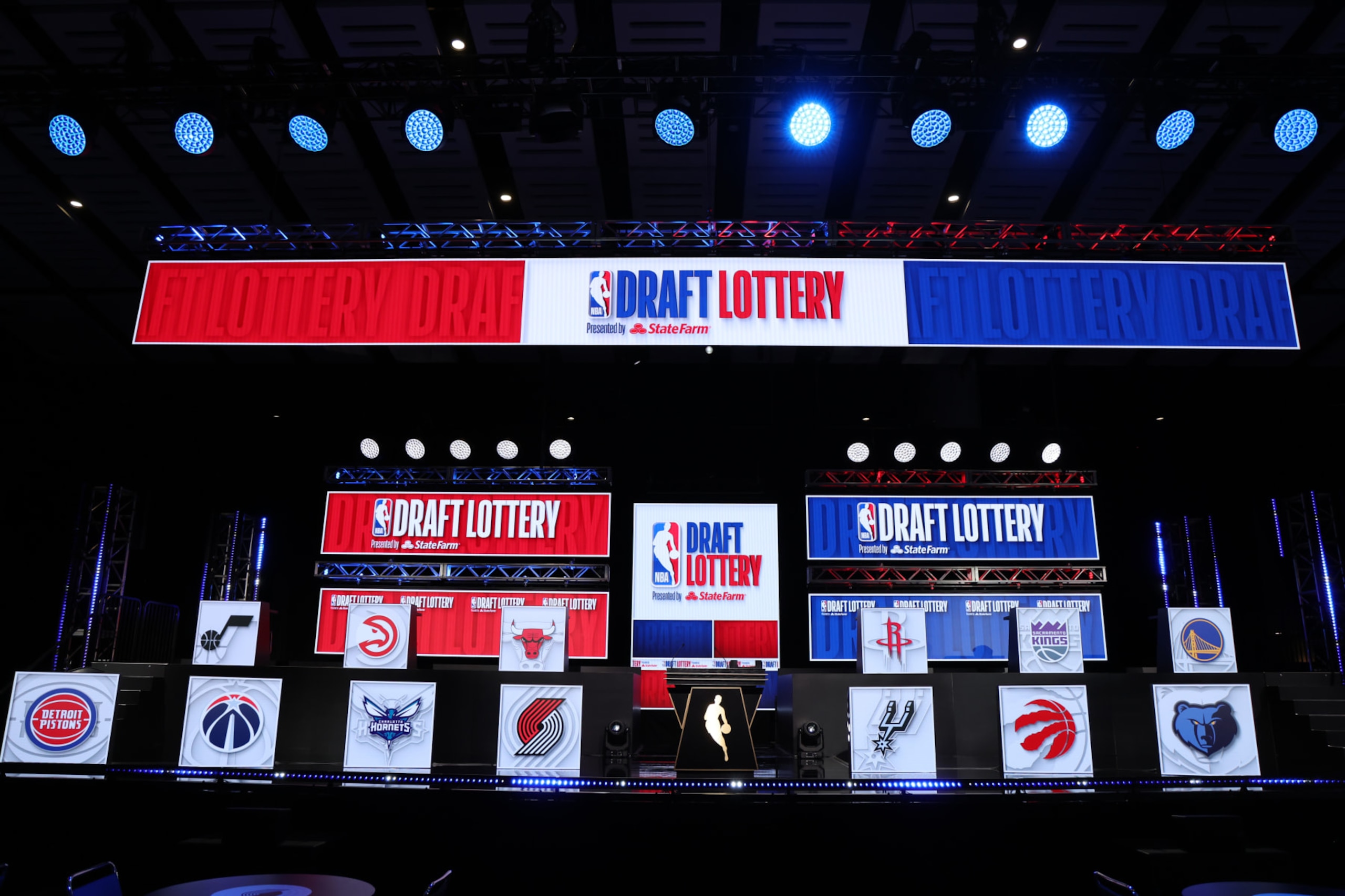 CHICAGO, IL - MAY 12 : A view of the stage during the 2024 NBA Draft Lottery on May 12, 2024 at McCormick Convention Center in Chicago, Illinois. NOTE TO USER: User expressly acknowledges and agrees that, by downloading and or using this photograph, User is consenting to the terms and conditions of the Getty Images License Agreement. Mandatory Copyright Notice: Copyright 2024 NBAE (Photo by Jeff Haynes/NBAE via Getty Images) CHICAGO, IL - MAY 12 : A view of the stage during the 2024 NBA Draft Lottery on May 12, 2024 at McCormick Convention Center in Chicago, Illinois. NOTE TO USER: User expressly acknowledges and agrees that, by downloading and or using this photograph, User is consenting to the terms and conditions of the Getty Images License Agreement. Mandatory Copyright Notice: Copyright 2024 NBAE (Photo by Jeff Haynes/NBAE via Getty Images)