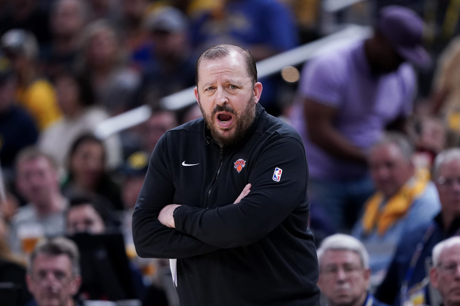 INDIANAPOLIS, INDIANA - MAY 12: Head coach Tom Thibodeau of the New York Knicks reacts during the game against the Indiana Pacers in Game Four of the Eastern Conference Second Round Playoffs at Gainbridge Fieldhouse on May 12, 2024 in Indianapolis, Indiana. NOTE TO USER: User expressly acknowledges and agrees that, by downloading and or using this photograph, User is consenting to the terms and conditions of the Getty Images License Agreement. (Photo by Dylan Buell/Getty Images)