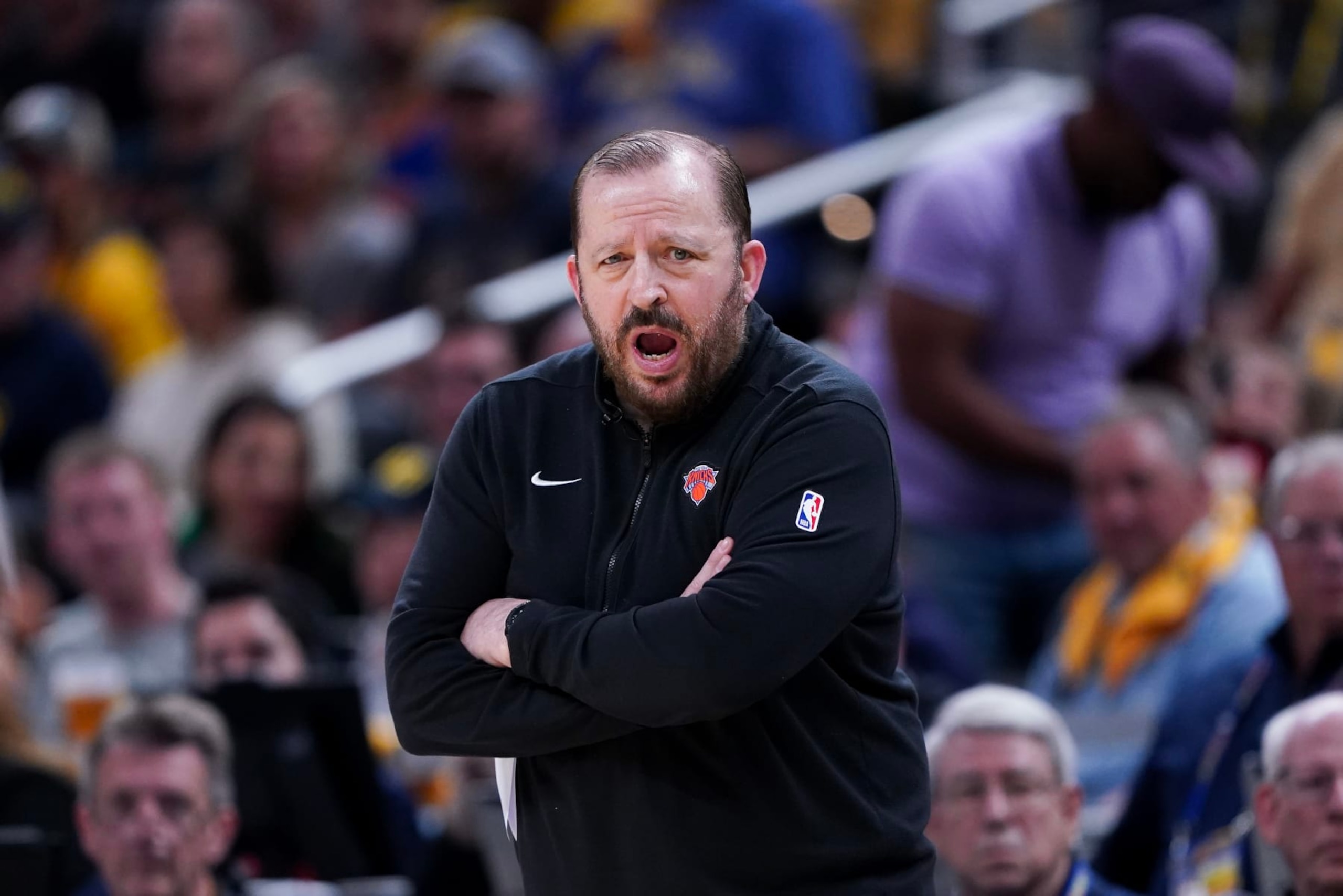 INDIANAPOLIS, INDIANA - MAY 12: Head coach Tom Thibodeau of the New York Knicks reacts during the game against the Indiana Pacers in Game Four of the Eastern Conference Second Round Playoffs at Gainbridge Fieldhouse on May 12, 2024 in Indianapolis, Indiana. NOTE TO USER: User expressly acknowledges and agrees that, by downloading and or using this photograph, User is consenting to the terms and conditions of the Getty Images License Agreement. (Photo by Dylan Buell/Getty Images)