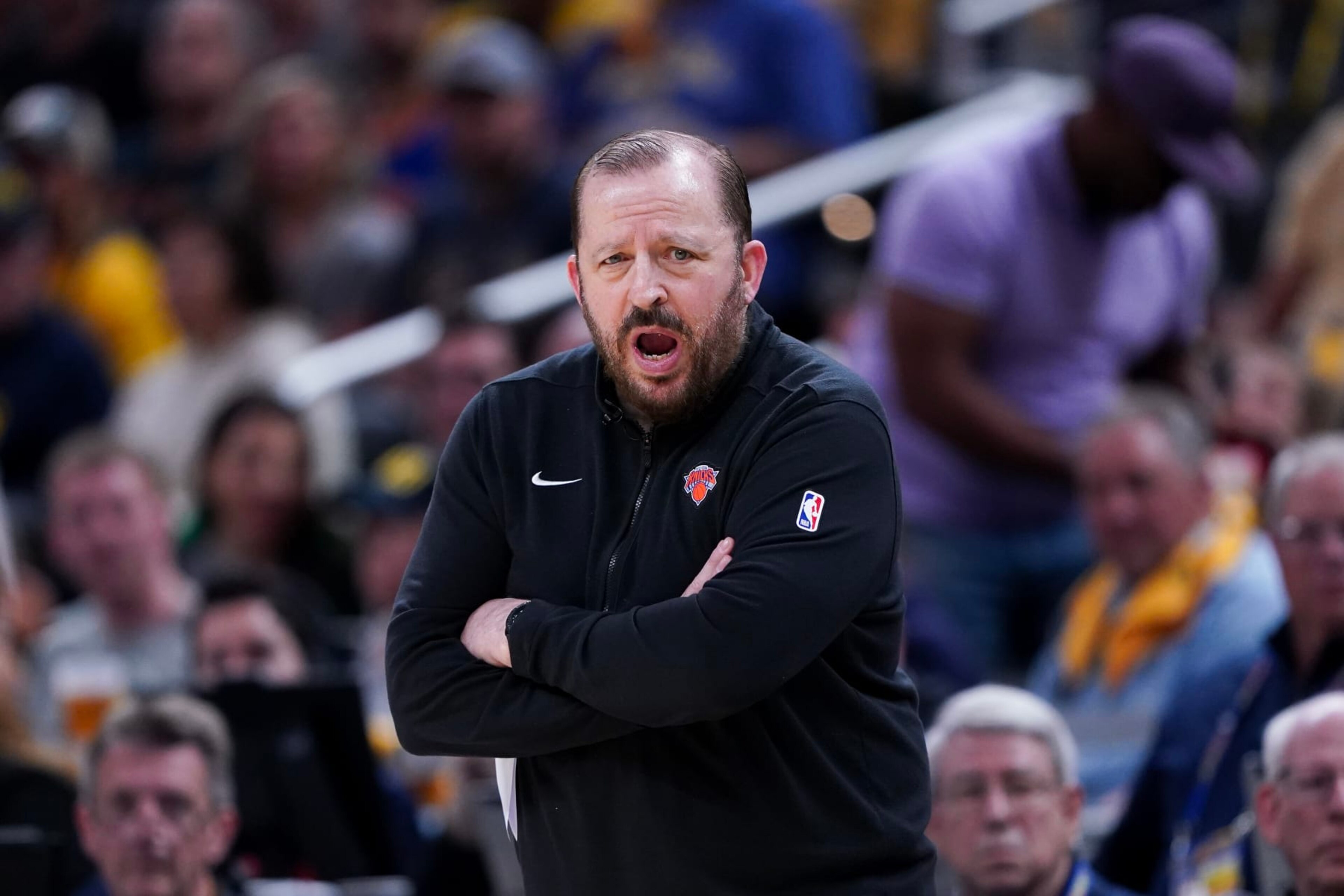 INDIANAPOLIS, INDIANA - MAY 12: Head coach Tom Thibodeau of the New York Knicks reacts during the game against the Indiana Pacers in Game Four of the Eastern Conference Second Round Playoffs at Gainbridge Fieldhouse on May 12, 2024 in Indianapolis, Indiana. NOTE TO USER: User expressly acknowledges and agrees that, by downloading and or using this photograph, User is consenting to the terms and conditions of the Getty Images License Agreement. (Photo by Dylan Buell/Getty Images)