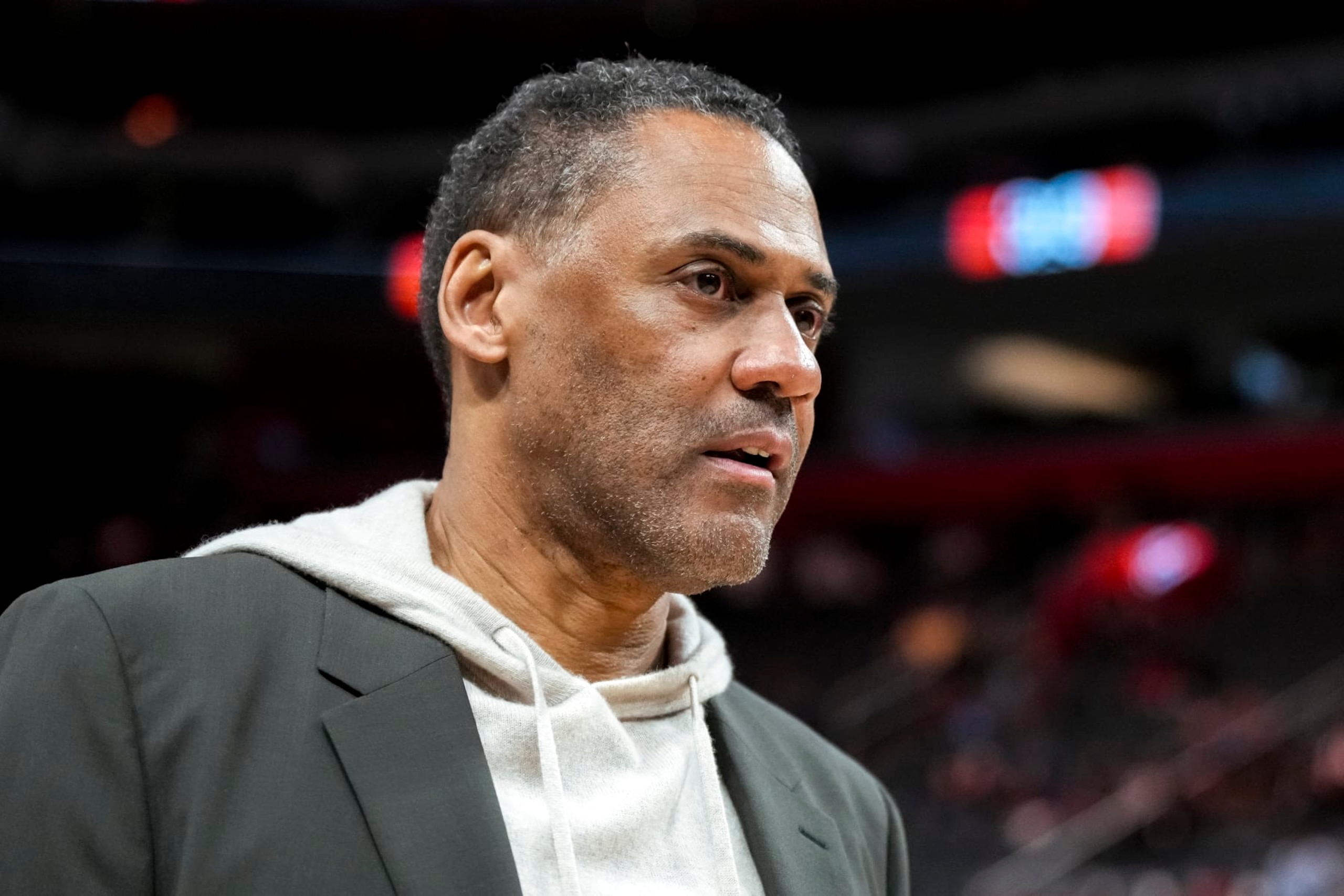 DETROIT, MICHIGAN - APRIL 01: General Manager Troy Weaver of the Detroit Pistons looks on before the game against the Memphis Grizzlies at Little Caesars Arena on April 01, 2024 in Detroit, Michigan. NOTE TO USER: User expressly acknowledges and agrees that, by downloading and or using this photograph, User is consenting to the terms and conditions of the Getty Images License Agreement. (Photo by Nic Antaya/Getty Images)