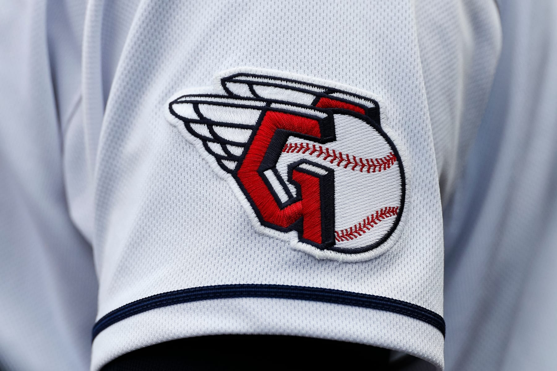 CLEVELAND, OHIO - SEPTEMBER 6: A detail of the Cleveland Guardians logo patch on the uniform during the seventh inning against the Minnesota Twins at Progressive Field on September 6, 2023 in Cleveland, Ohio. (Photo by Brandon Sloter/Image Of Sport/Getty Images)