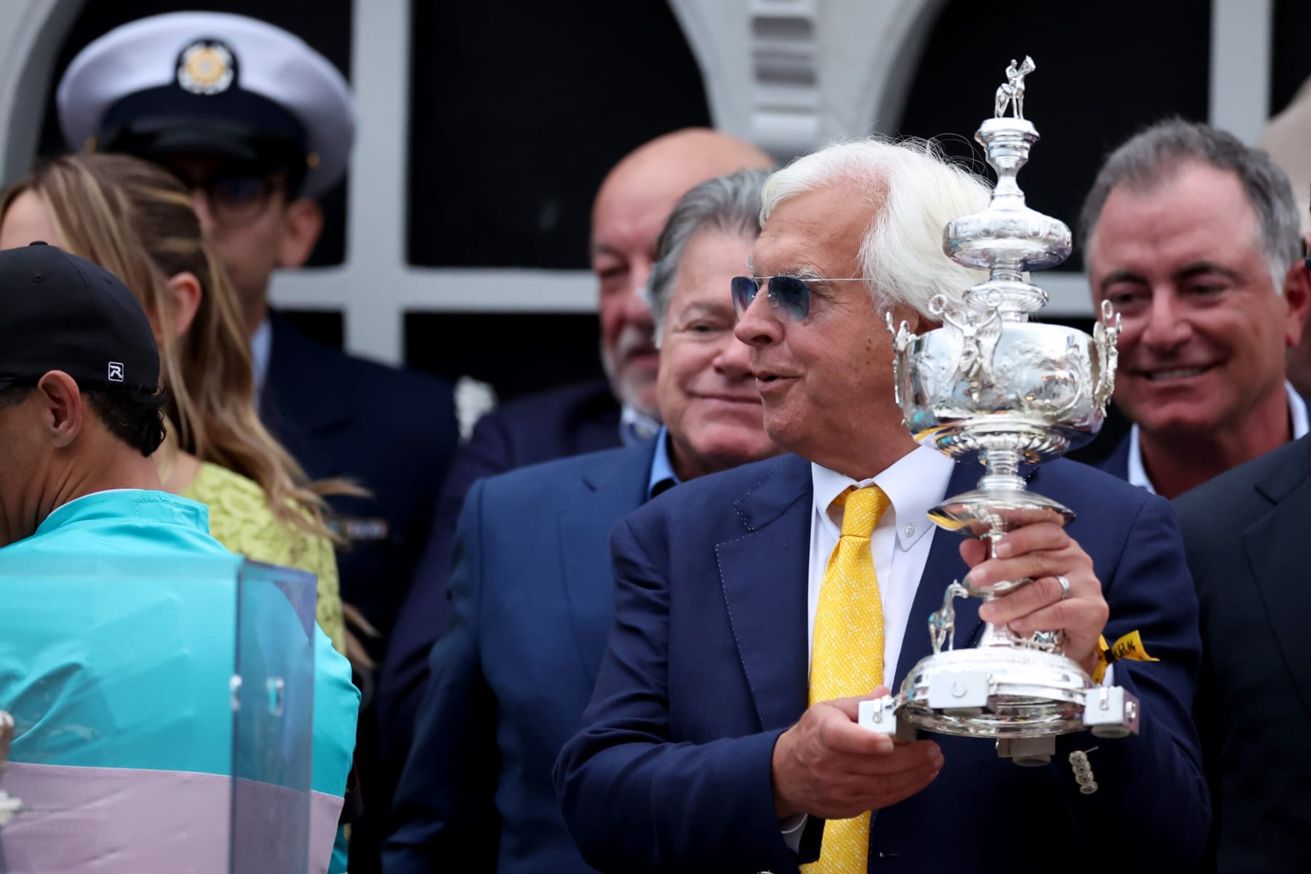BALTIMORE, MARYLAND - MAY 20: Trainer Bob Baffert celebrates in the winners circle after his horse National Treasure won the 148th Running of the Preakness Stakes at Pimlico Race Course on May 20, 2023 in Baltimore, Maryland. (Photo by Rob Carr/Getty Images)