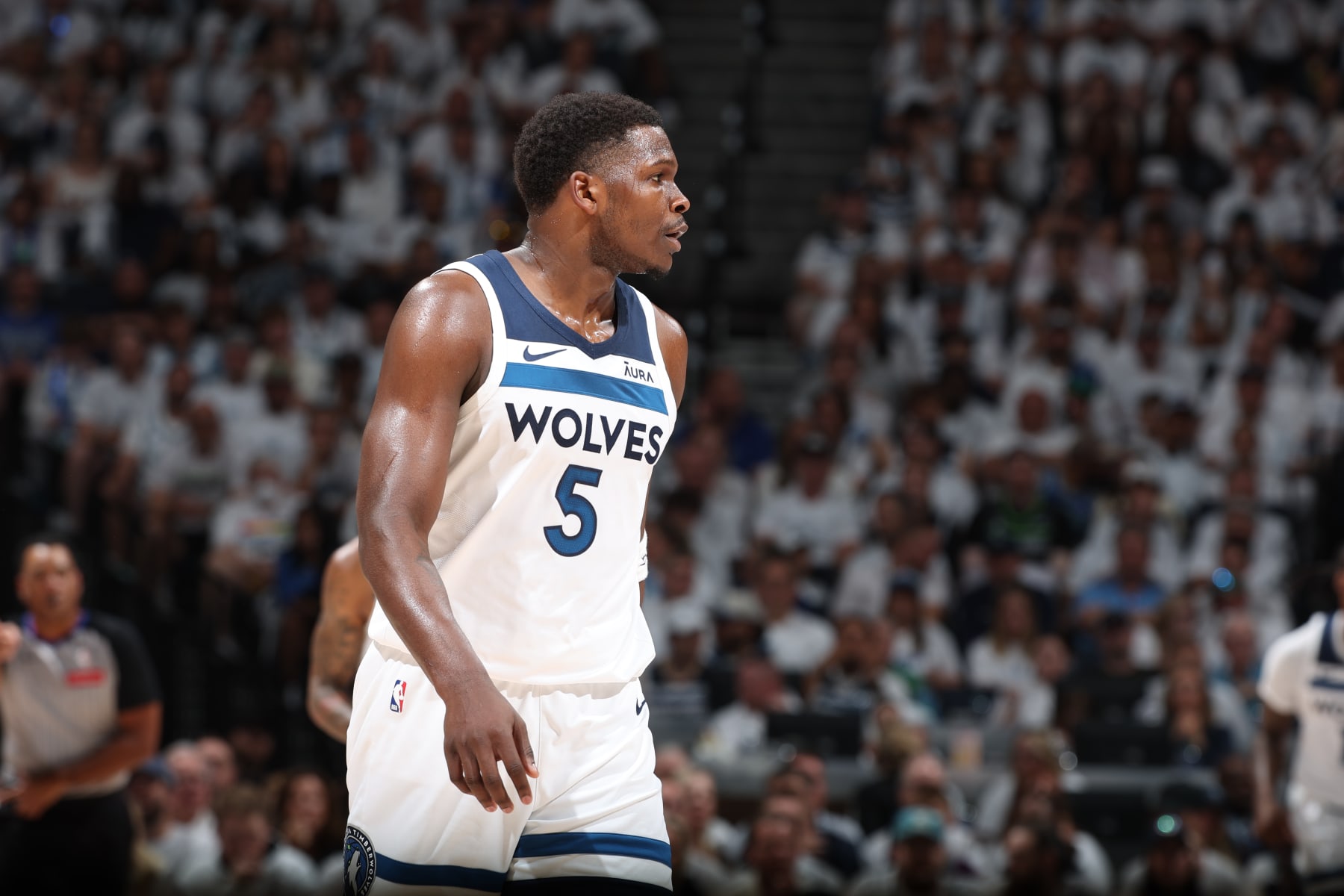 MINNEAPOLIS, MN -  MAY 12: Anthony Edwards #5 of the Minnesota Timberwolves looks on during the game against the Denver Nuggets during Round Two Game Four of the 2024 NBA Playoffs on May 12, 2024 at Target Center in Minneapolis, Minnesota. NOTE TO USER: User expressly acknowledges and agrees that, by downloading and or using this Photograph, user is consenting to the terms and conditions of the Getty Images License Agreement. Mandatory Copyright Notice: Copyright 2024 NBAE (Photo by David Sherman/NBAE via Getty Images)