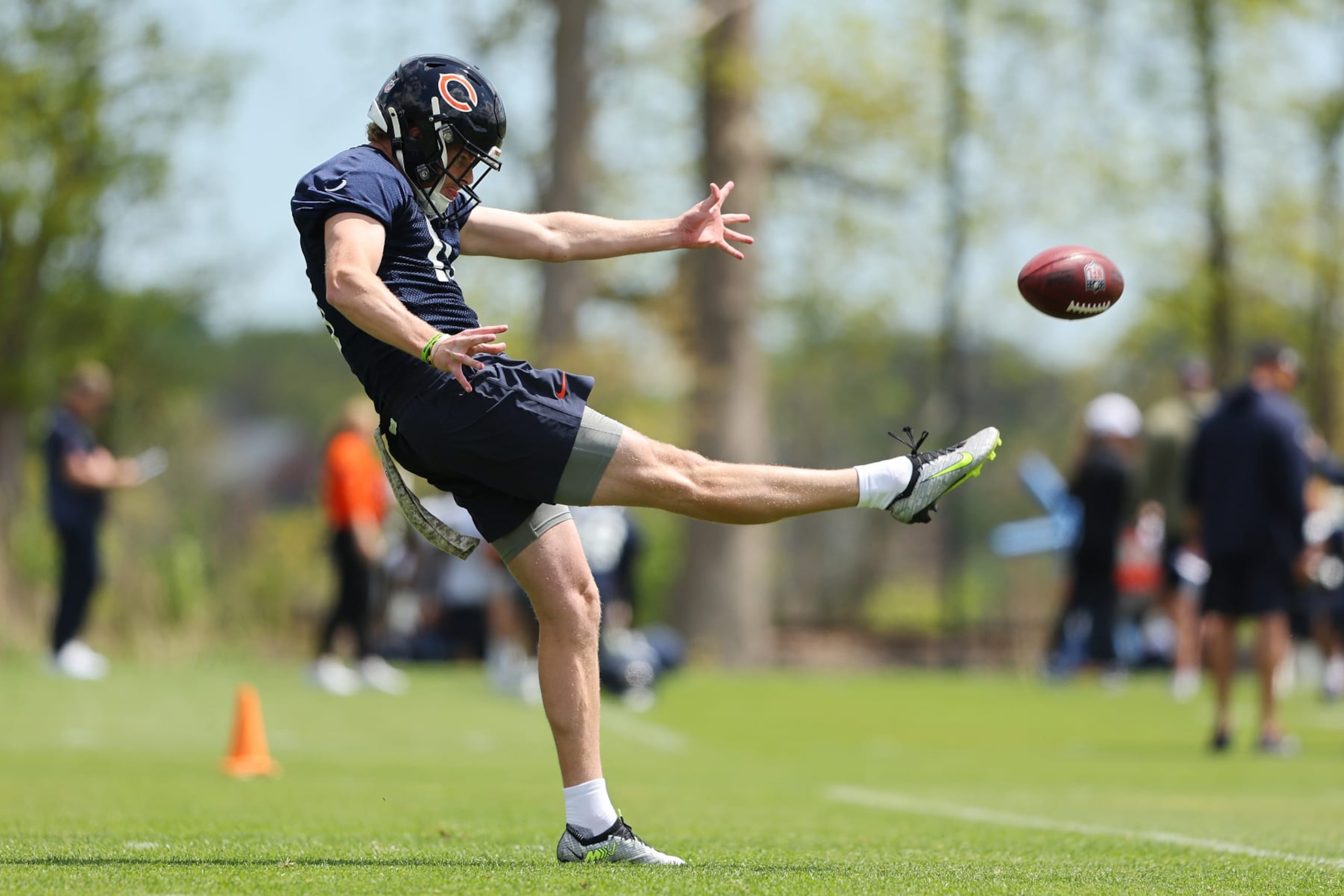 LAKE FOREST, ILLINOIS - MAY 10: Tory Taylor #19 of the Chicago Bears punts during Chicago Bears Rookie Minicamp at Halas Hall on May 10, 2024 in Lake Forest, Illinois.  (Photo by Michael Reaves/Getty Images)