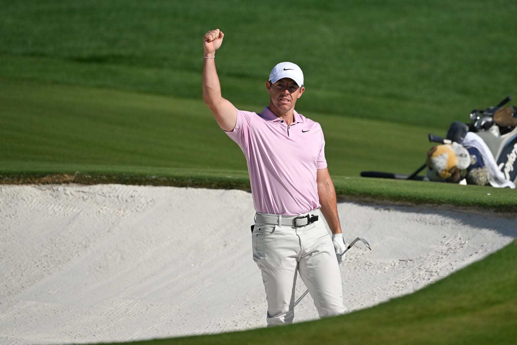CHARLOTTE, NORTH CAROLINA - MAY 12: Rory McIlroy of Northern Ireland fist pumps after making eagle from the bunker on the 15th hole during the final round of Wells Fargo Championship at Quail Hollow Club on May 12, 2024 in Charlotte, North Carolina. (Photo by Ben Jared/PGA TOUR via Getty Images) CHARLOTTE, NORTH CAROLINA - MAY 12: Rory McIlroy of Northern Ireland fist pumps after making eagle from the bunker on the 15th hole during the final round of Wells Fargo Championship at Quail Hollow Club on May 12, 2024 in Charlotte, North Carolina. (Photo by Ben Jared/PGA TOUR via Getty Images)