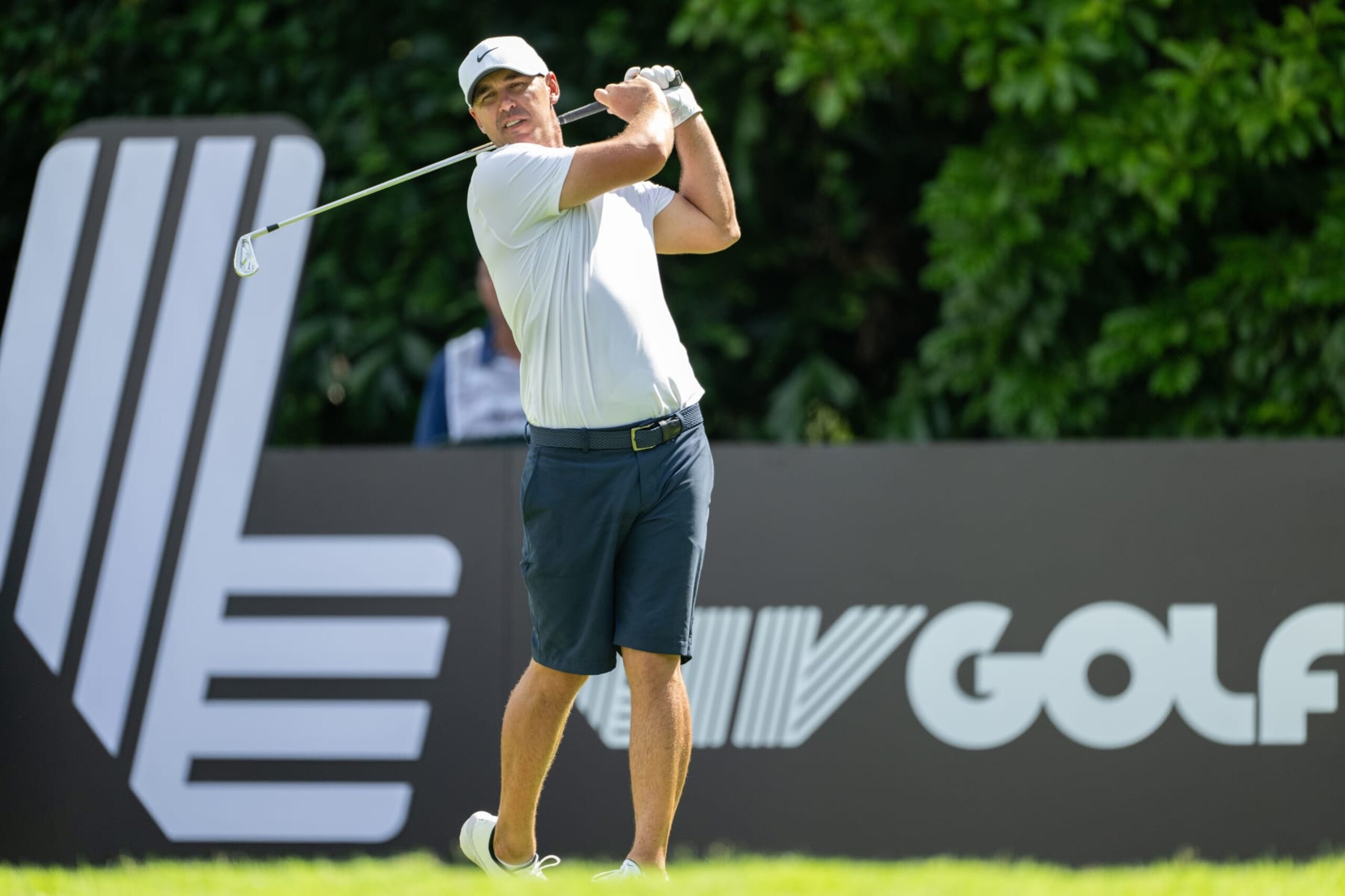 SINGAPORE, SINGAPORE - MAY 05: Brooks Koepka of Smash GC tees off on hole 8 during day three of the LIV Golf Invitational - Singapore at Sentosa Golf Club on May 05, 2024 in Singapore, Singapore. (Photo by Jason Butler/Getty Images)
