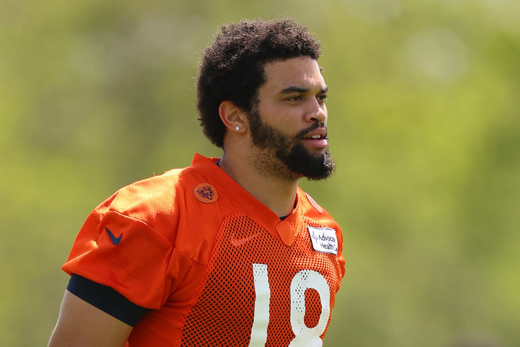 LAKE FOREST, ILLINOIS - MAY 11: Caleb Williams #18 of the Chicago Bears looks on during Chicago Bears Rookie Minicamp at Halas Hall on May 11, 2024 in Lake Forest, Illinois.  (Photo by Michael Reaves/Getty Images)