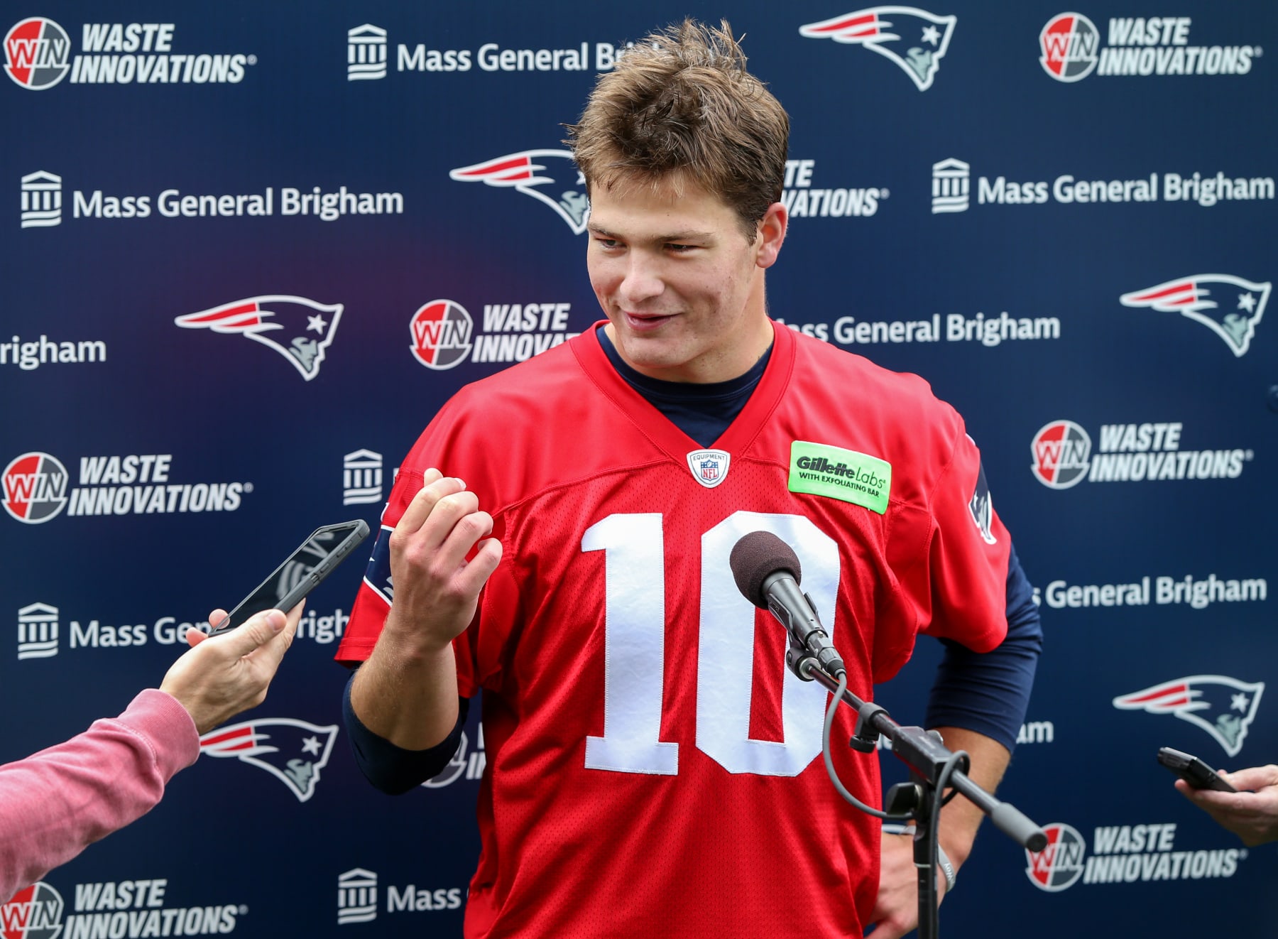 Foxborough, MA - May 11: New England Patriots QB Drake Maye talks with the media  at the team's 2024 Rookie Mini-Camp. (Photo by Jonathan Wiggs/The Boston Globe via Getty Images)