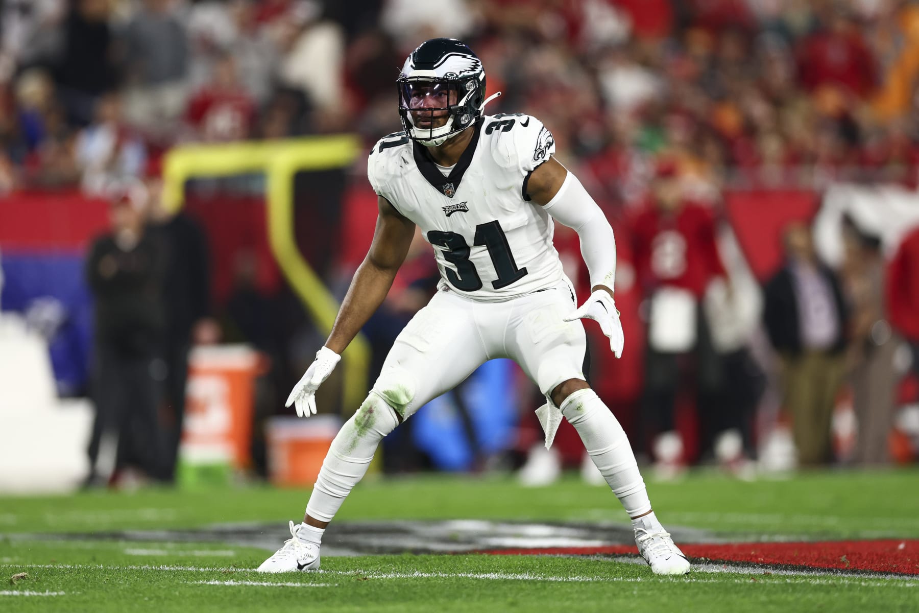 TAMPA, FL - JANUARY 15: Kevin Byard #31 of the Philadelphia Eagles defends in pass coverage during an NFL wild-card playoff football game against the Tampa Bay Buccaneers at Raymond James Stadium on January 15, 2024 in Tampa, Florida. (Photo by Kevin Sabitus/Getty Images)