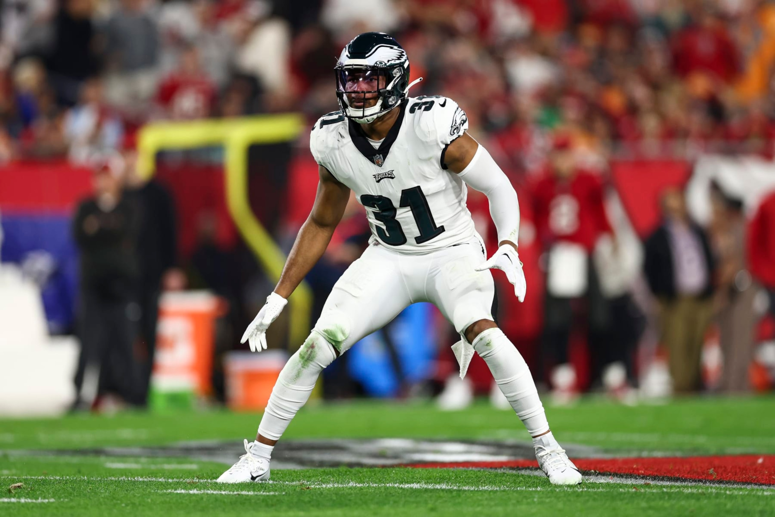 TAMPA, FL - JANUARY 15: Kevin Byard #31 of the Philadelphia Eagles defends in pass coverage during an NFL wild-card playoff football game against the Tampa Bay Buccaneers at Raymond James Stadium on January 15, 2024 in Tampa, Florida. (Photo by Kevin Sabitus/Getty Images)