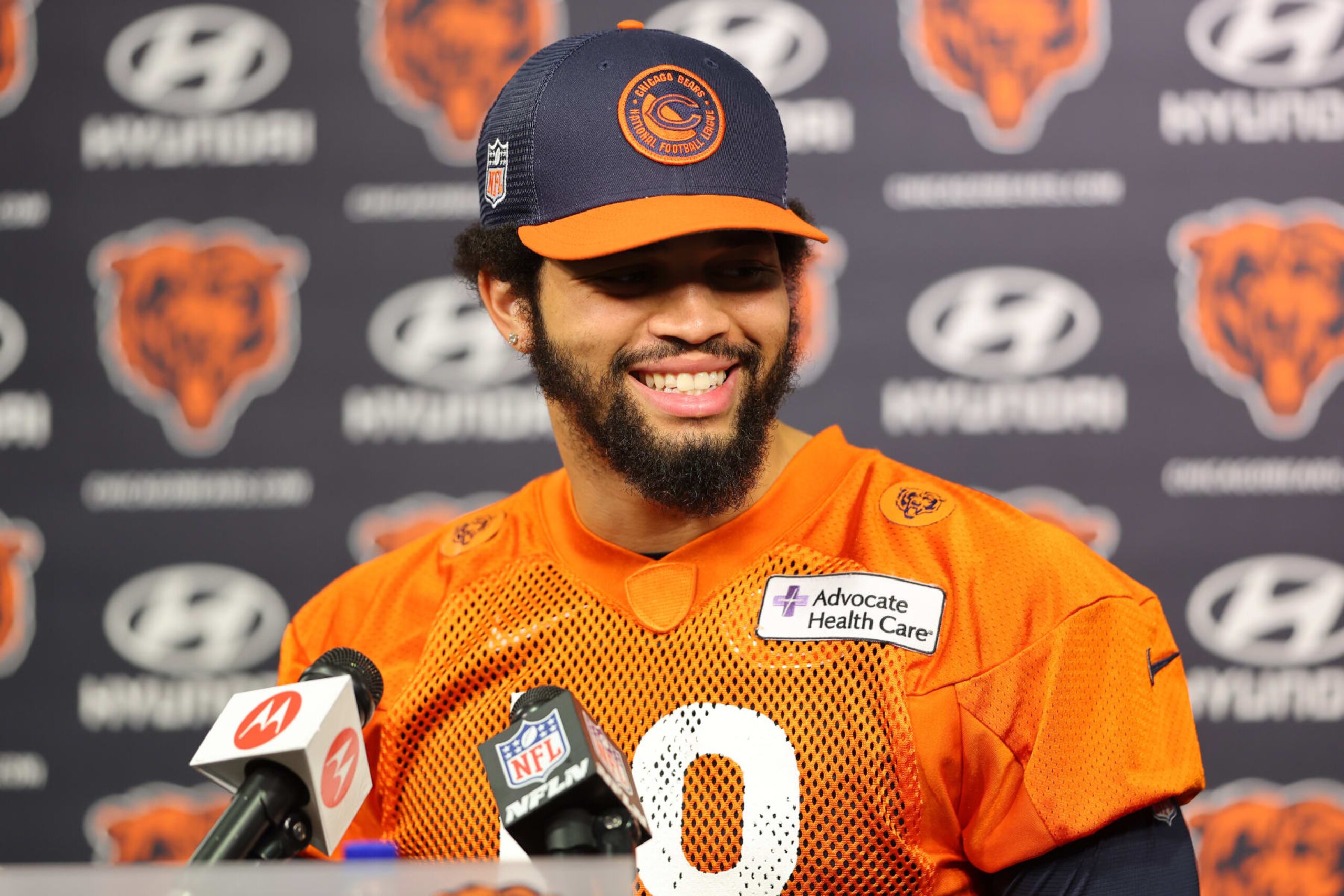 LAKE FOREST, ILLINOIS - MAY 10: Caleb Williams #18 of the Chicago Bears speaks to the media prior to Chicago Bears Rookie Minicamp at Halas Hall on May 10, 2024 in Lake Forest, Illinois. (Photo by Michael Reaves/Getty Images)