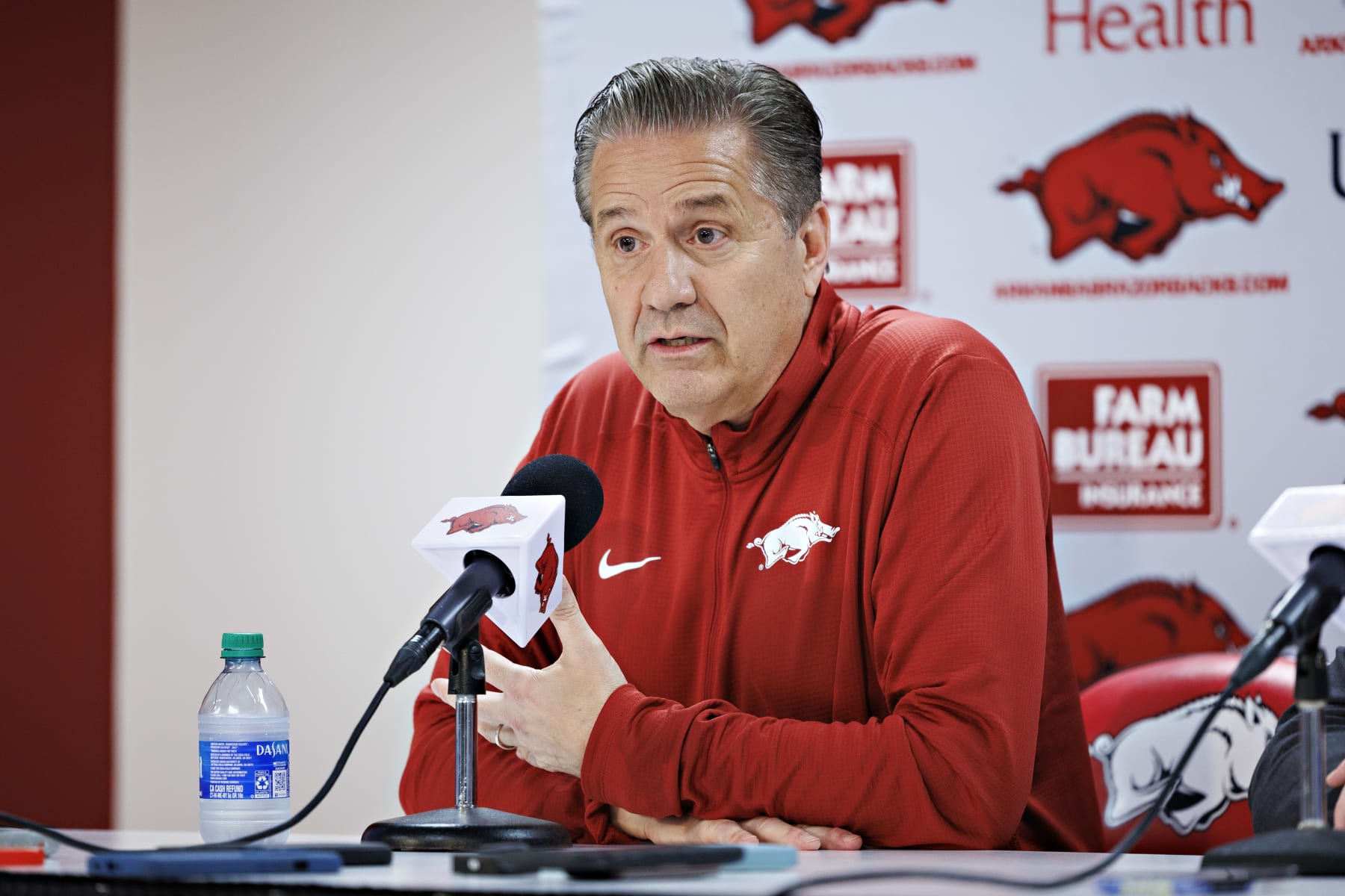 FAYETTEVILLE, ARKANSAS - APRIL 10: New Arkansas Razorbacks basketball head coach John Calipari holds his first news conference after his introduction at Bud Walton Arena on April 10, 2024 in Fayetteville, Arkansas. (Photo by Wesley Hitt/Getty Images)