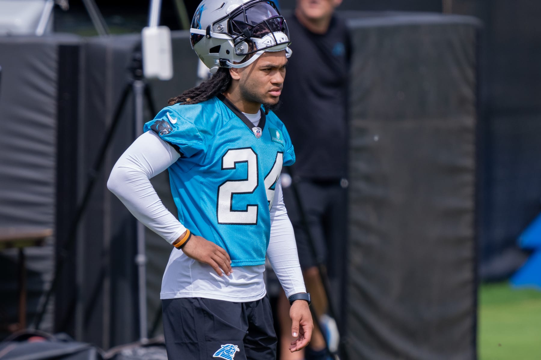 CHARLOTTE, NORTH CAROLINA - MAY 10: Jonathon Brooks #24 of the Carolina Panthers looks on during rookie minicamp on May 10, 2024 in Charlotte, North Carolina. (Photo by Jacob Kupferman/Getty Images)
