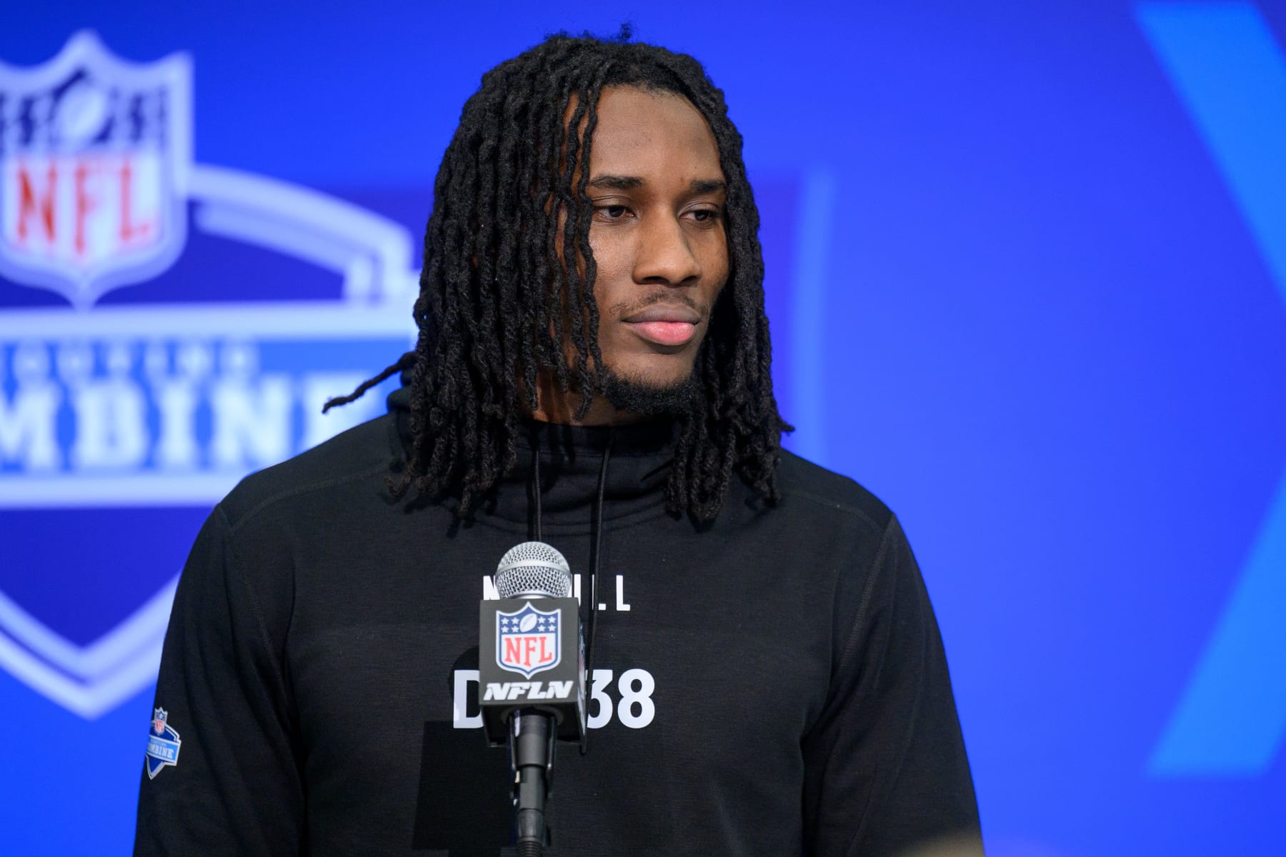 INDIANAPOLIS, IN - FEBRUARY 29: Iowa State defensive back T.J. Tampa answers questions from the media during the NFL Scouting Combine on February 29, 2024, at the Indiana Convention Center in Indianapolis, IN. (Photo by Zach Bolinger/Icon Sportswire via Getty Images)