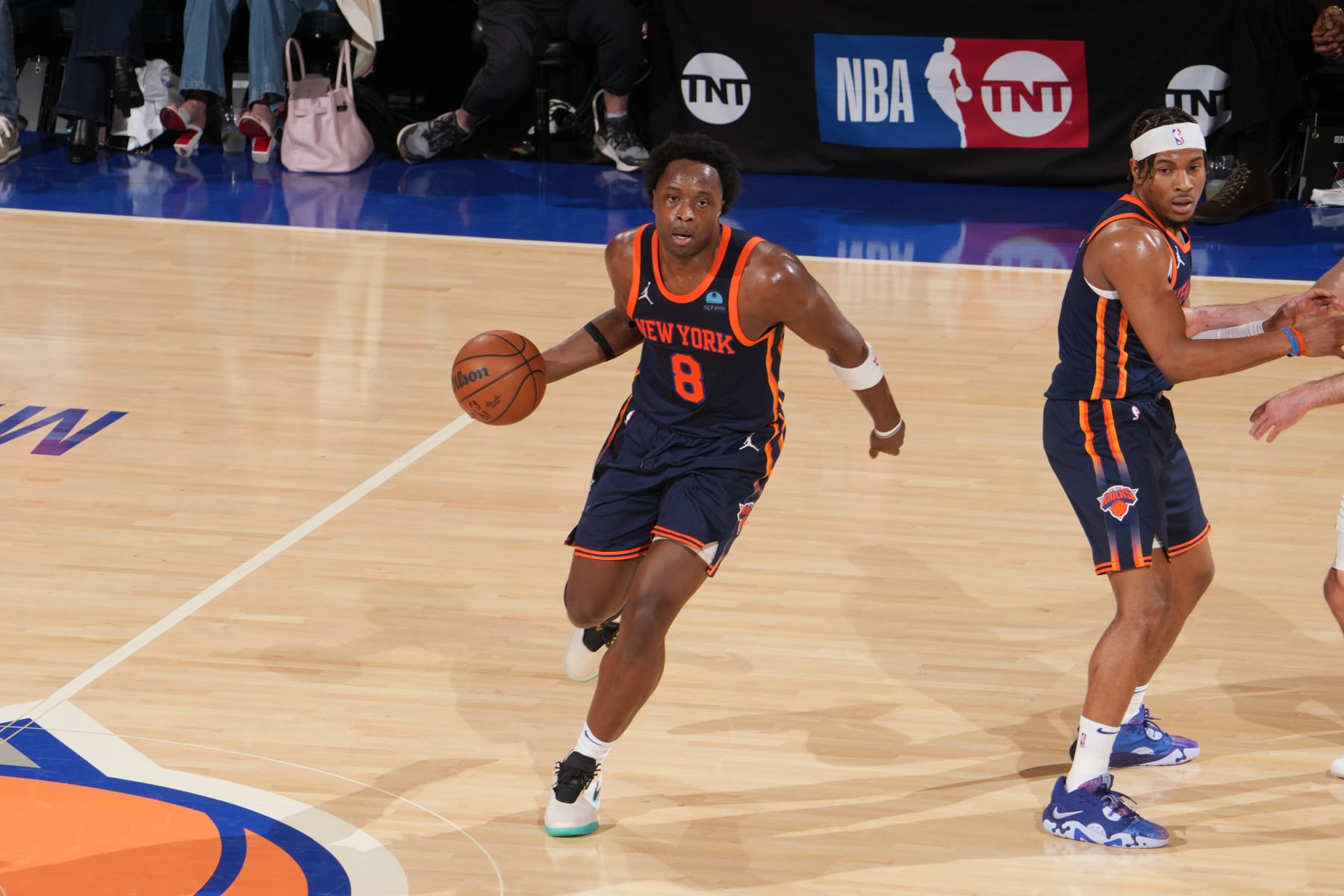 NEW YORK, NY - MAY 8: OG Anunoby #8 of the New York Knicks dribbles the ball during the game against the Indiana Pacers during Round 2 Game 2 of the 2024 NBA Playoffs on May 8, 2024 at Madison Square Garden in New York City, New York.  NOTE TO USER: User expressly acknowledges and agrees that, by downloading and or using this photograph, User is consenting to the terms and conditions of the Getty Images License Agreement. Mandatory Copyright Notice: Copyright 2024 NBAE  (Photo by Jesse D. Garrabrant/NBAE via Getty Images)