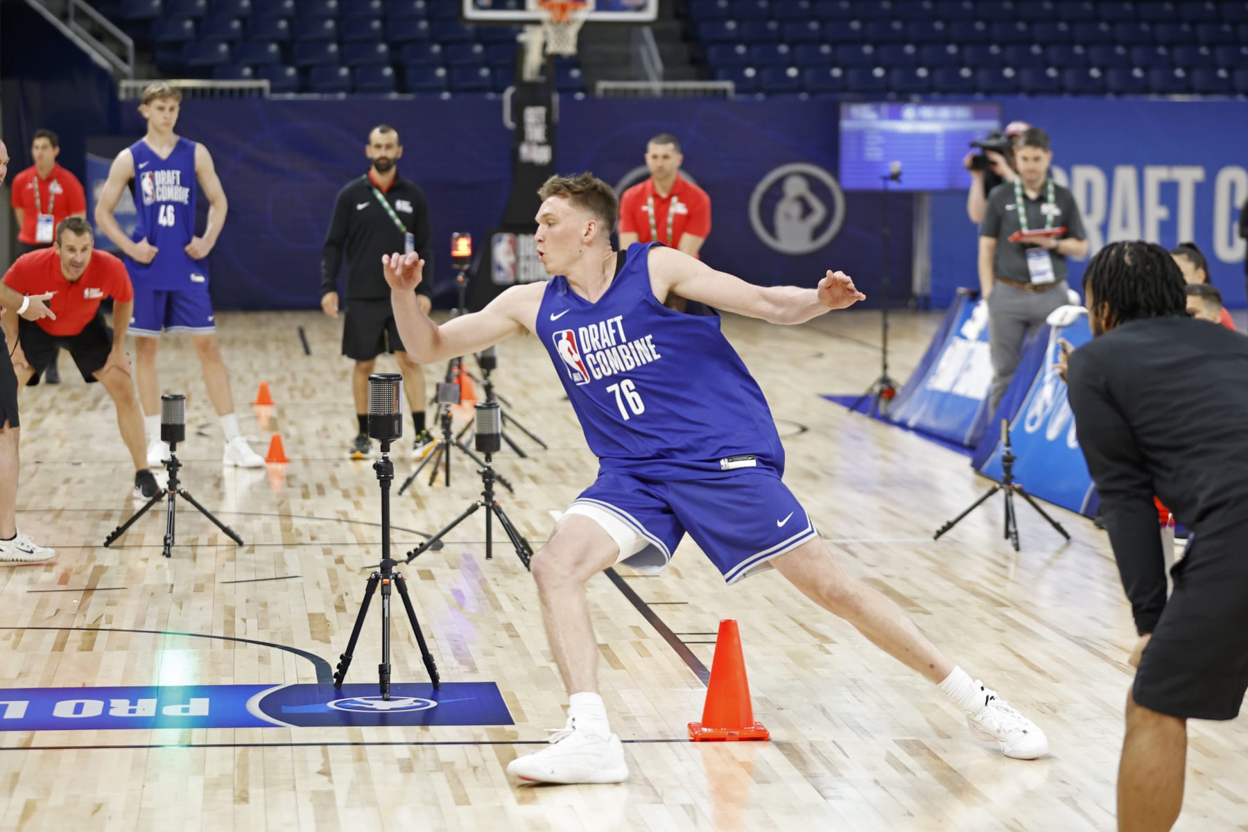 CHICAGO, IL - MAY 13:  Dalton Knecht does the agility drill during the 2024 NBA Combine on May 13, 2024 at Wintrust Arena in Chicago, Illinois. NOTE TO USER: User expressly acknowledges and agrees that, by downloading and or using this photograph, User is consenting to the terms and conditions of the Getty Images License Agreement. Mandatory Copyright Notice: Copyright 2024 NBAE (Photo by Kamil Krzaczynski/NBAE via Getty Images)