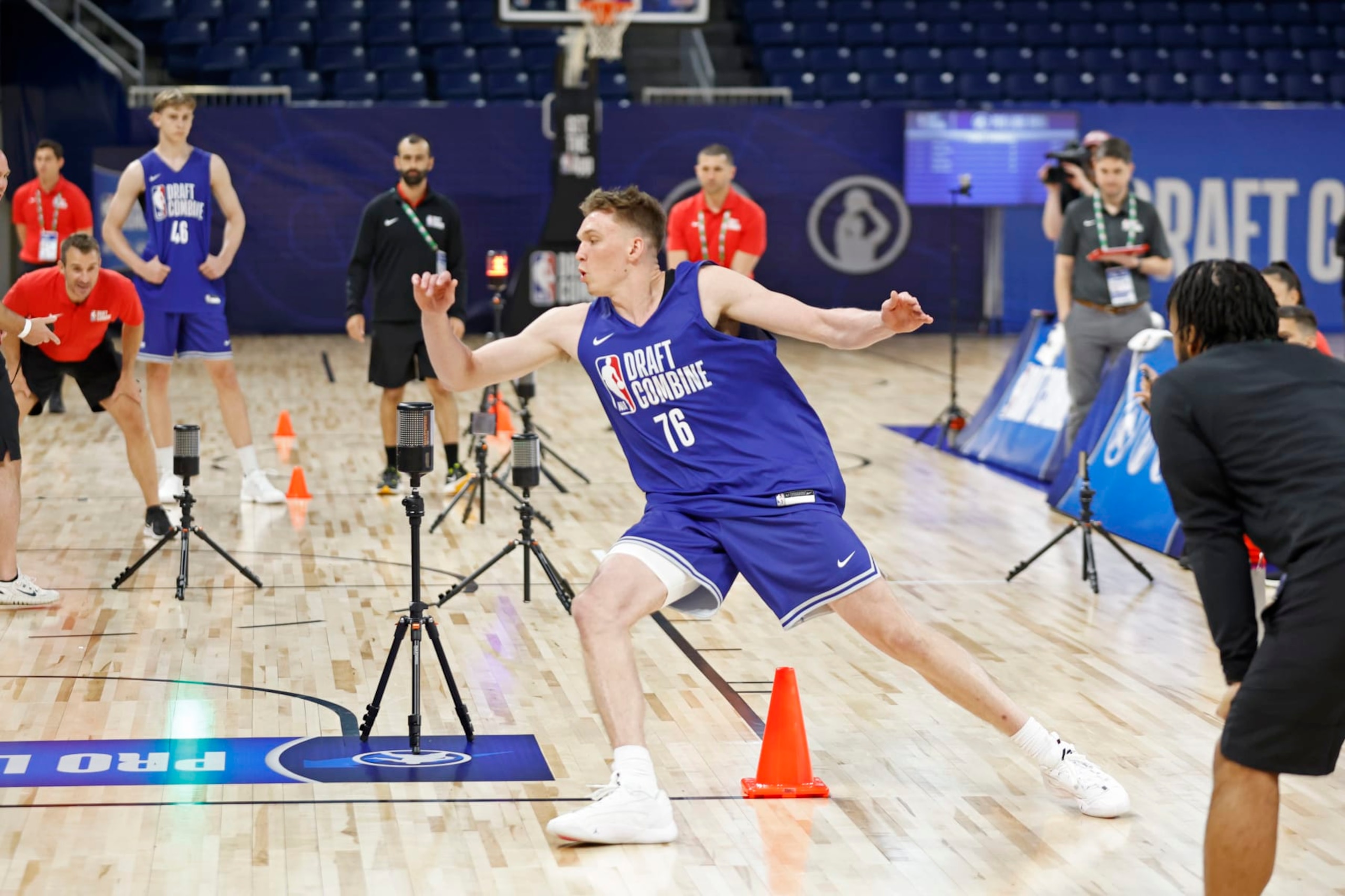 CHICAGO, IL - MAY 13:  Dalton Knecht does the agility drill during the 2024 NBA Combine on May 13, 2024 at Wintrust Arena in Chicago, Illinois. NOTE TO USER: User expressly acknowledges and agrees that, by downloading and or using this photograph, User is consenting to the terms and conditions of the Getty Images License Agreement. Mandatory Copyright Notice: Copyright 2024 NBAE (Photo by Kamil Krzaczynski/NBAE via Getty Images)