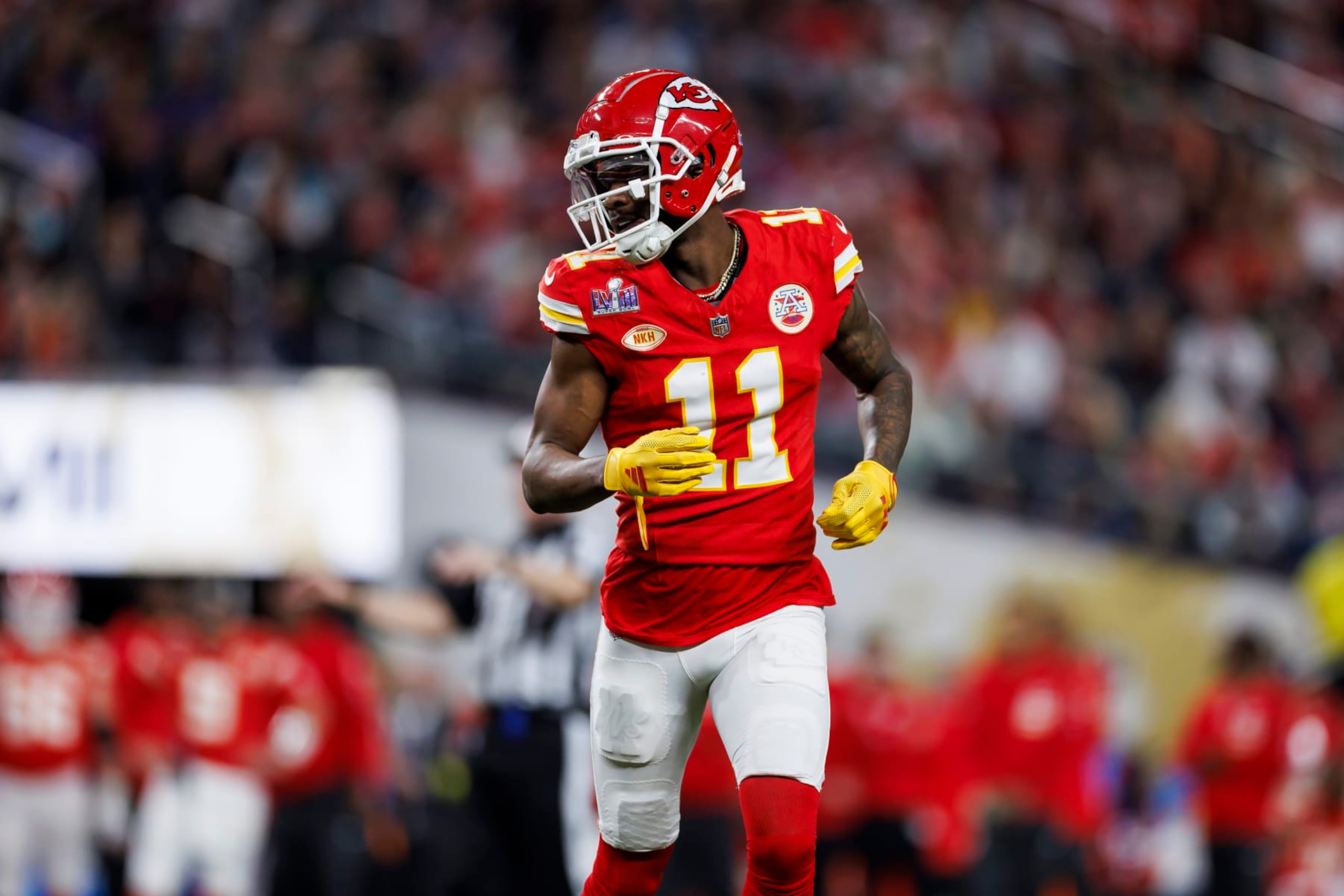 LAS VEGAS, NEVADA - FEBRUARY 11: Marquez Valdes-Scantling #11 of the Kansas City Chiefs lines up to run a route during Super Bowl LVIII against the San Francisco 49ers at Allegiant Stadium on February 11, 2024 in Las Vegas, Nevada. (Photo by Ryan Kang/Getty Images)