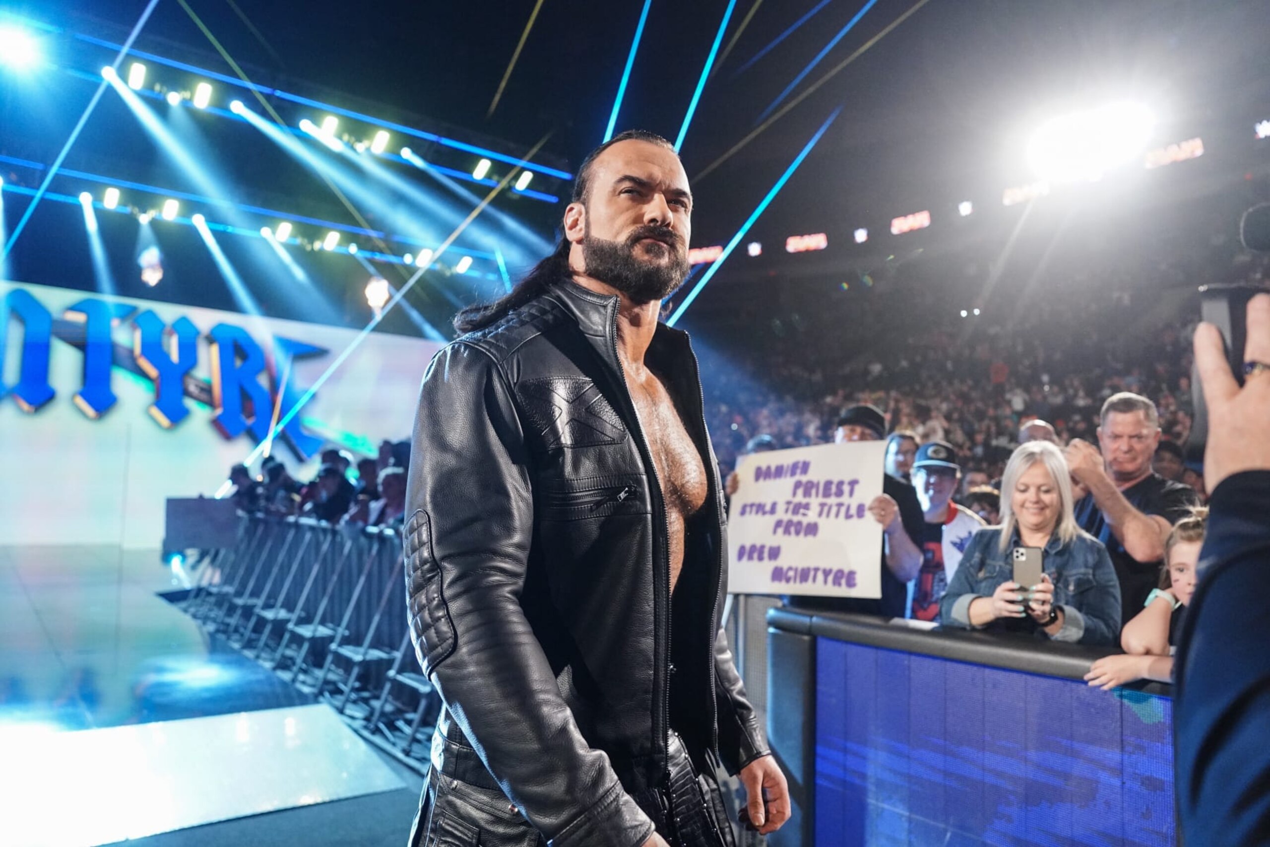 COLUMBUS, OHIO - APRIL 22: Drew McIntyre makes his way to the ring during Monday Night RAW at Jerome Schottenstein Center on April 22, 2024 in Columbus, Ohio.  (Photo by WWE/Getty Images)