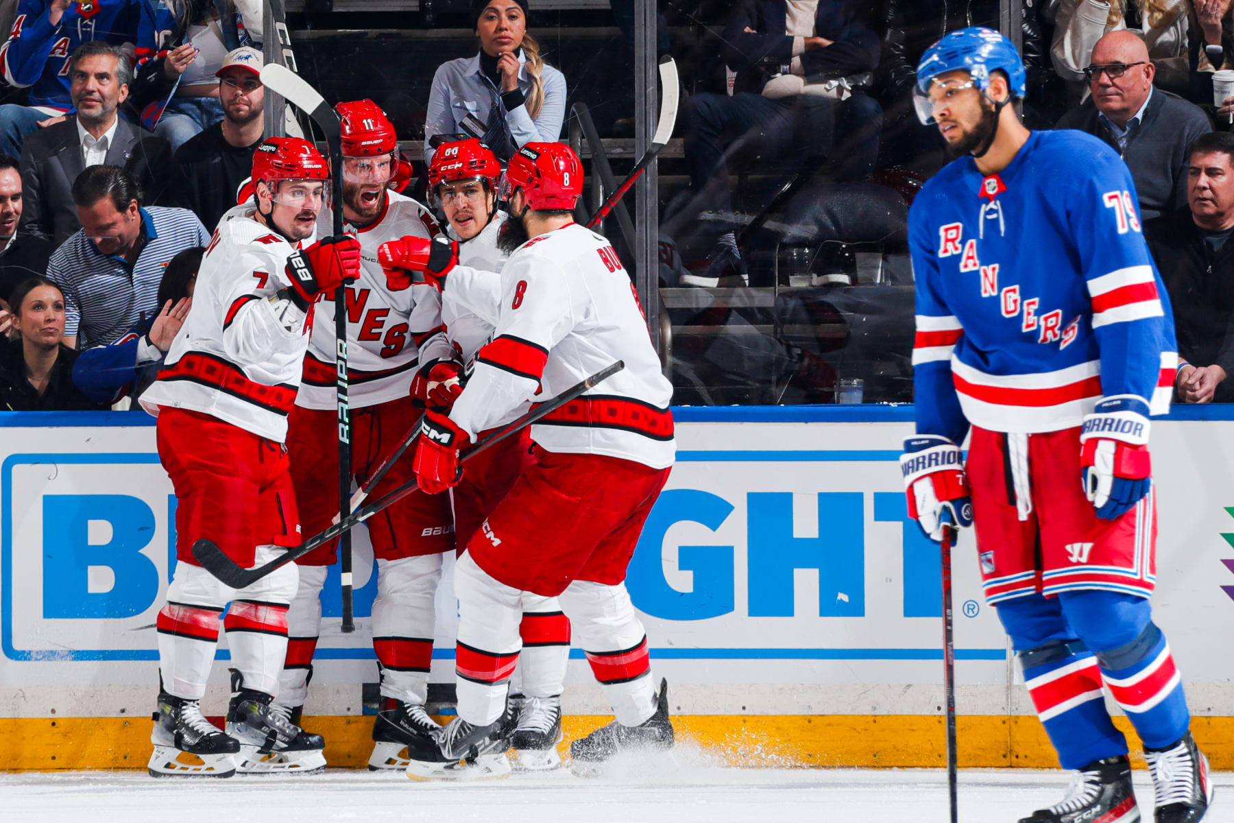 NEW YORK, NEW YORK - MAY 13: Jordan Staal #11 of the Carolina Hurricanes and teammates celebrate his third period goal against the New York Rangers in Game Five of the Second Round of the 2024 Stanley Cup Playoffs at Madison Square Garden on May 13, 2024 in New York City. (Photo by Jared Silber/NHLI via Getty Images)