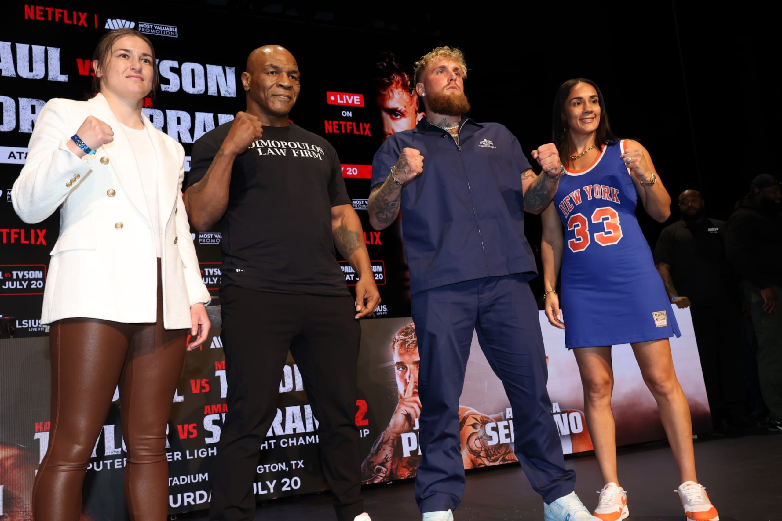 NEW YORK, NEW YORK - MAY 13: Katie Taylor, Mike Tyson, Jake Paul, and Amanda Serrano attend the Jake Paul vs. Mike Tyson Press Conference at The Apollo Theater on May 13, 2024 in New York City. (Photo by Johnny Nunez/WireImage) NEW YORK, NEW YORK - MAY 13: Katie Taylor, Mike Tyson, Jake Paul, and Amanda Serrano attend the Jake Paul vs. Mike Tyson Press Conference at The Apollo Theater on May 13, 2024 in New York City. (Photo by Johnny Nunez/WireImage)