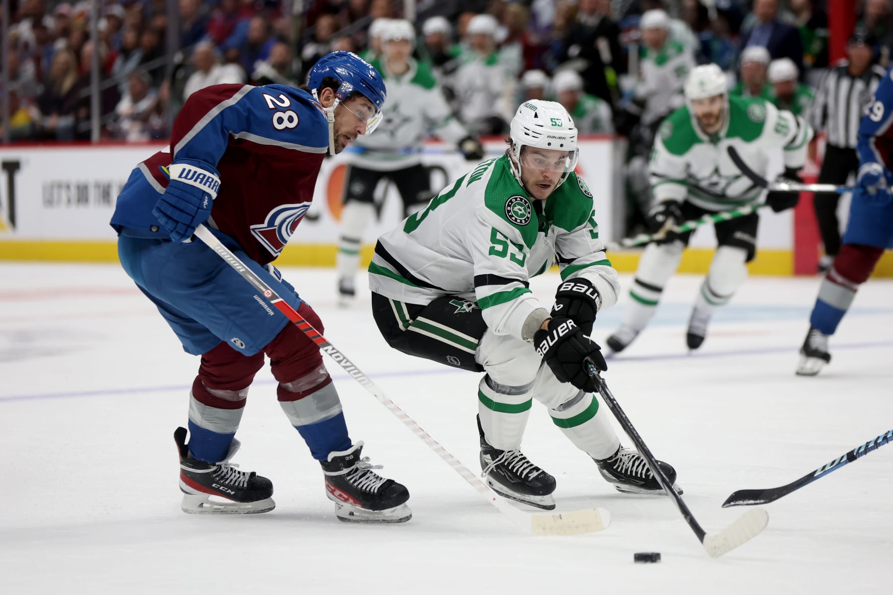DENVER, COLORADO - MAY 13: Wyatt Johnston #53 of the Dallas Stars skates against Miles Wood #28 of the Colorado Avalanche during the first period in Game Four of the Second Round of the 2024 Stanley Cup Playoffs at Ball Arena on May 13, 2024 in Denver, Colorado. (Photo by Matthew Stockman/Getty Images) DENVER, COLORADO - MAY 13: Wyatt Johnston #53 of the Dallas Stars skates against Miles Wood #28 of the Colorado Avalanche during the first period in Game Four of the Second Round of the 2024 Stanley Cup Playoffs at Ball Arena on May 13, 2024 in Denver, Colorado. (Photo by Matthew Stockman/Getty Images)