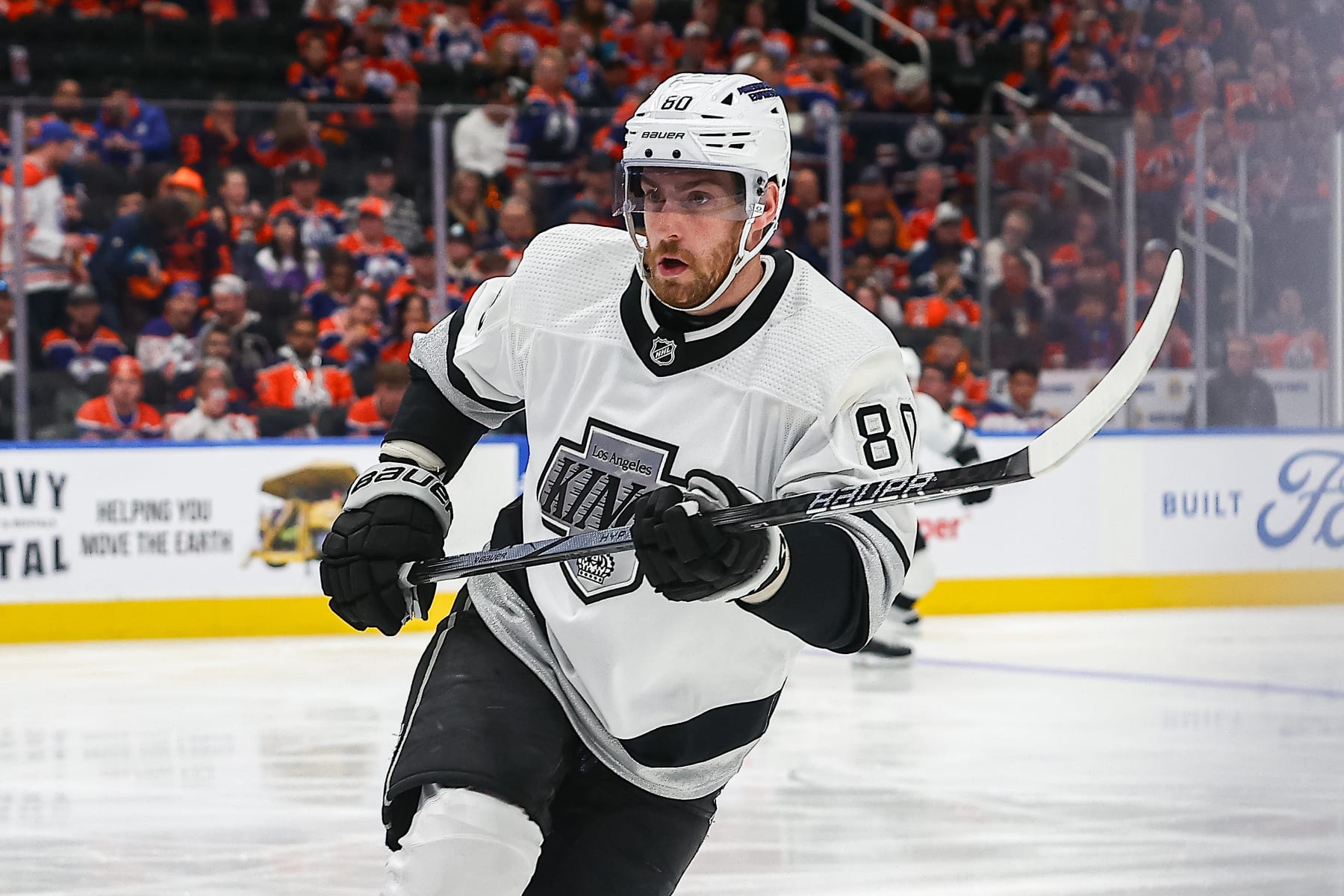 EDMONTON, AB - APRIL 24: Los Angeles Kings Center Pierre-Luc Dubois (80) heads in for a check in the second period of game two of the Western Conference First Round Edmonton Oilers game versus the Los Angeles Kings on April 24, 2024 at Rogers Place in Edmonton, AB. (Photo by Curtis Comeau/Icon Sportswire via Getty Images)