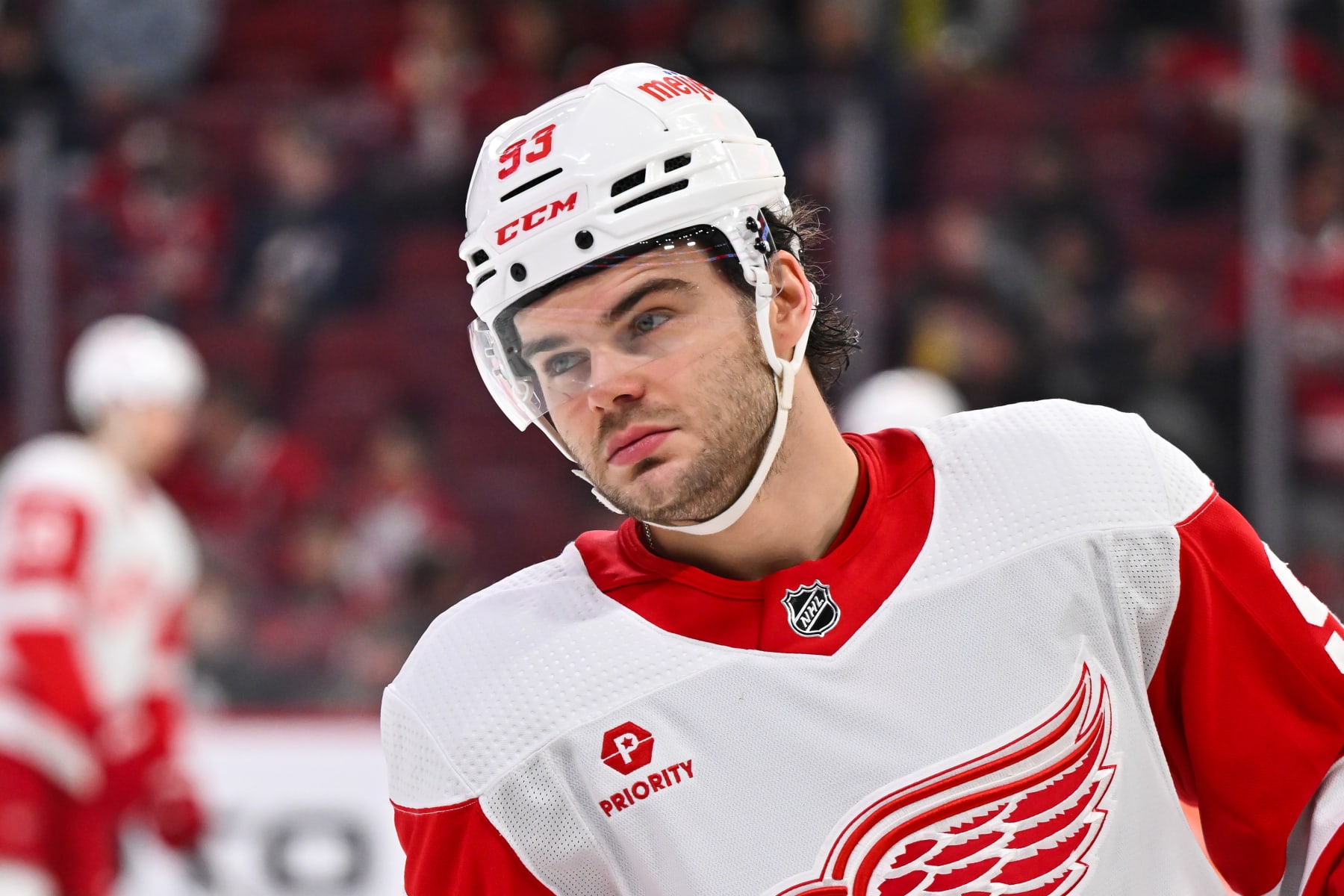 MONTREAL, CANADA - APRIL 16:  Alex DeBrincat #93 of the Detroit Red Wings skates during the second period against the Montreal Canadiens at the Bell Centre on April 16, 2024 in Montreal, Quebec, Canada.  The Detroit Red Wings defeated the Montreal Canadiens 5-4 in a shootout.  (Photo by Minas Panagiotakis/Getty Images)