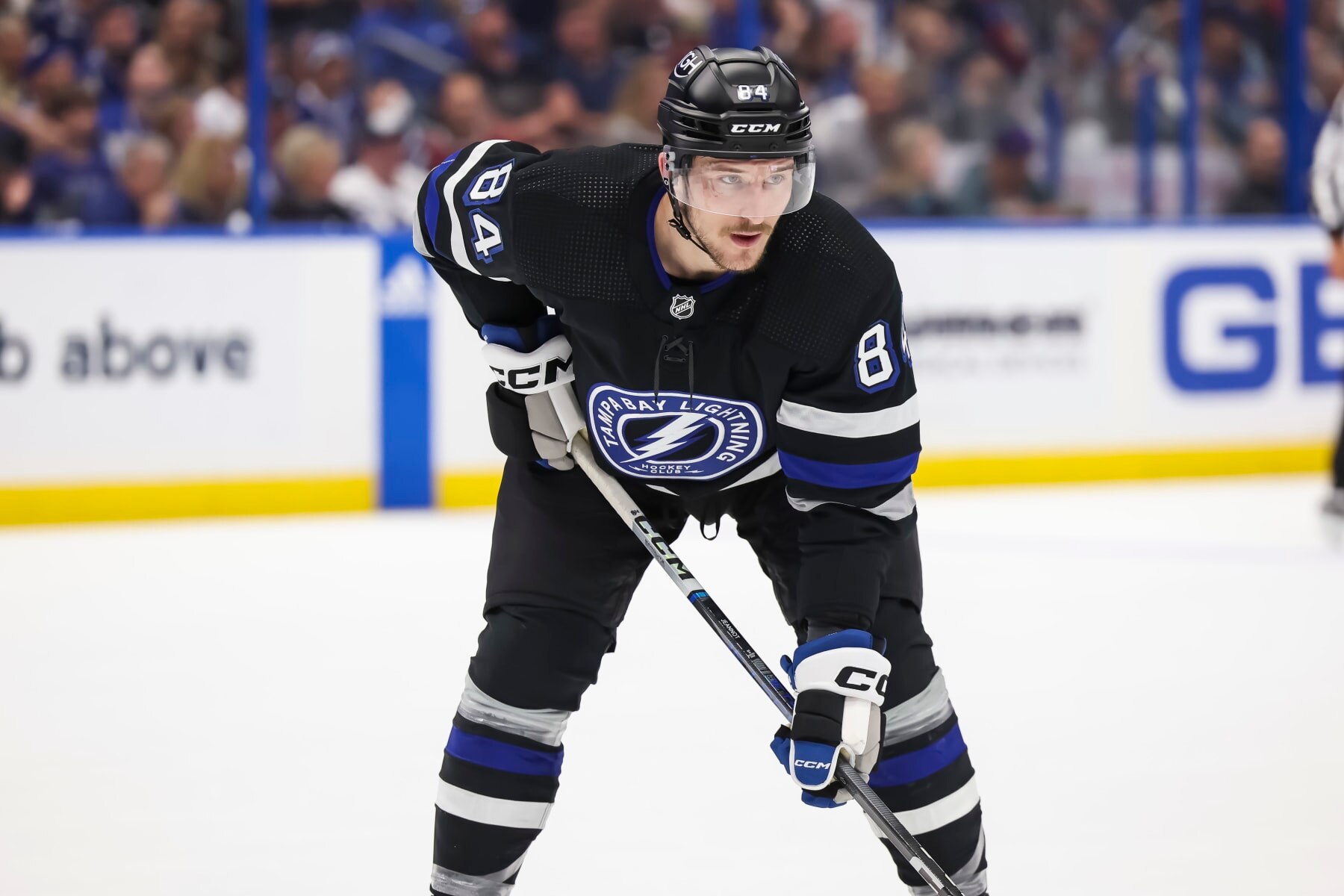 TAMPA, FL - APRIL 17: Tanner Jeannot #84 of the Tampa Bay Lightning against the Toronto Maple Leafs during the first period at Amalie Arena on April 17, 2024 in Tampa, Florida. (Photo by Mark LoMoglio/NHLI via Getty Images)