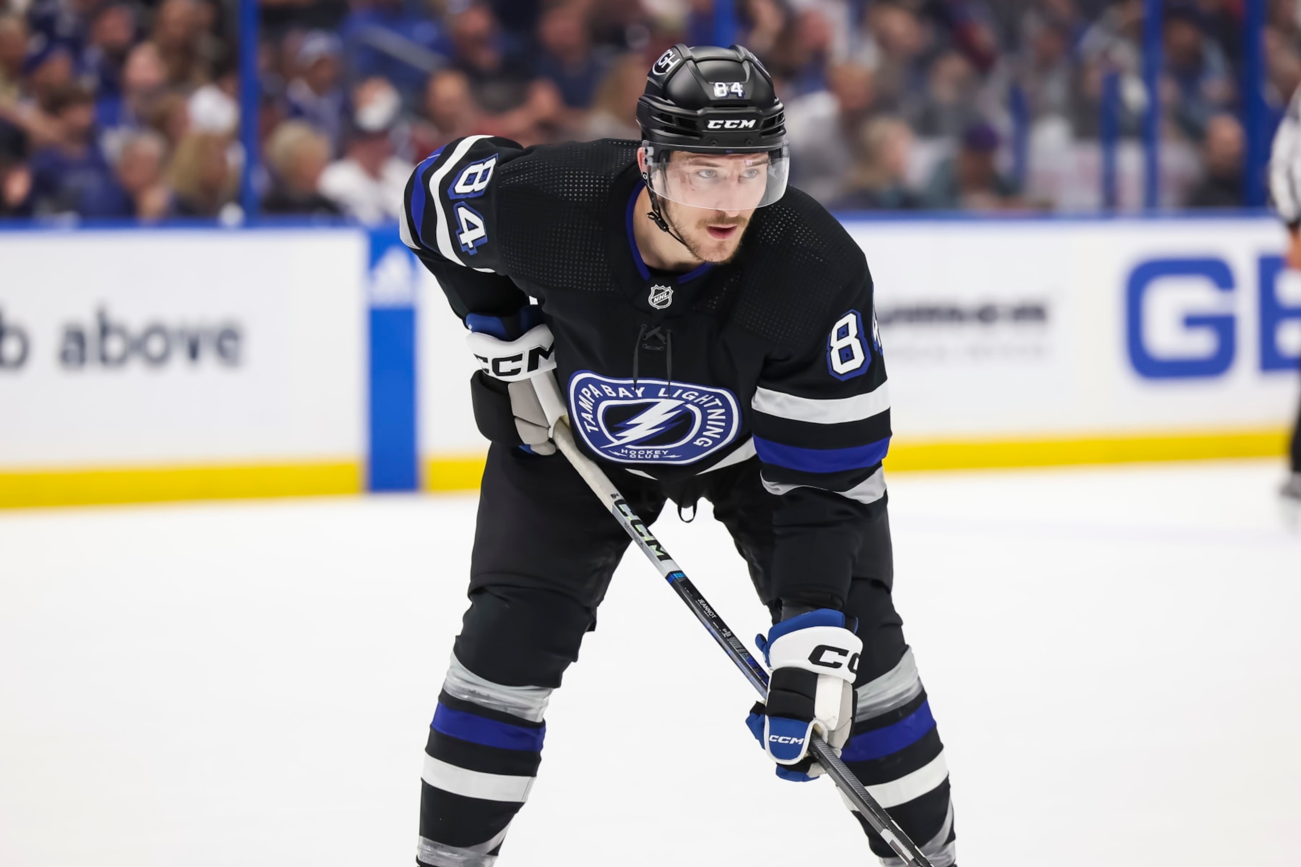TAMPA, FL - APRIL 17: Tanner Jeannot #84 of the Tampa Bay Lightning against the Toronto Maple Leafs during the first period at Amalie Arena on April 17, 2024 in Tampa, Florida. (Photo by Mark LoMoglio/NHLI via Getty Images)