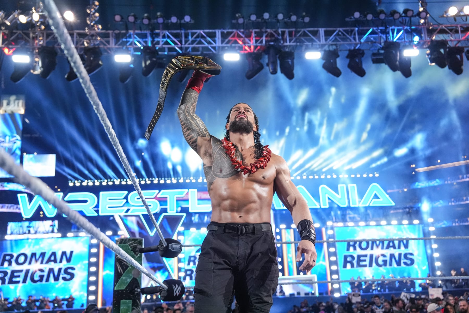 PHILADELPHIA, PENNSYLVANIA - APRIL 7: Roman Reigns enters the ring during Night Two of WrestleMania 40 at Lincoln Financial Field on April 7, 2024 in Philadelphia, Pennsylvania. (Photo by WWE/Getty Images)