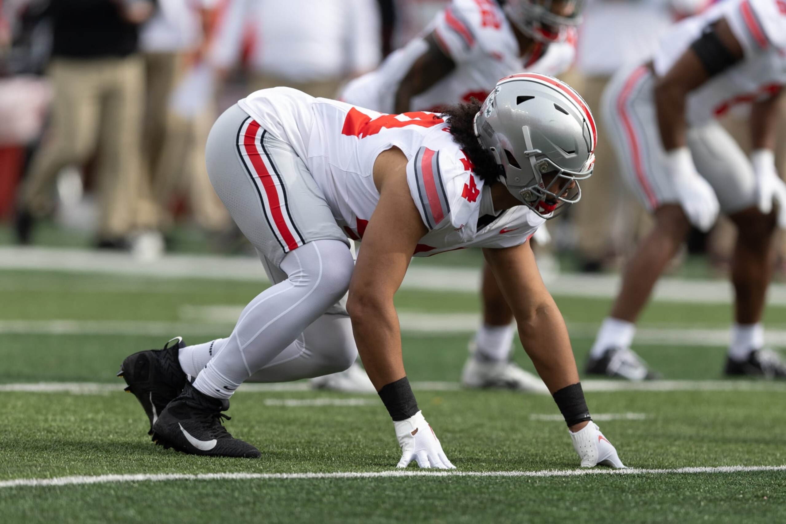 PISCATAWAY, NJ - NOVEMBER 04: JT Tuimoloau #44 of the Ohio State Buckeyes during the game against the Rutgers Scarlet Knights on November 4, 2023 at SHI Stadium in Piscataway, New Jersey. (Photo by Rich Graessle/Icon Sportswire via Getty Images) PISCATAWAY, NJ - NOVEMBER 04: JT Tuimoloau #44 of the Ohio State Buckeyes during the game against the Rutgers Scarlet Knights on November 4, 2023 at SHI Stadium in Piscataway, New Jersey. (Photo by Rich Graessle/Icon Sportswire via Getty Images)