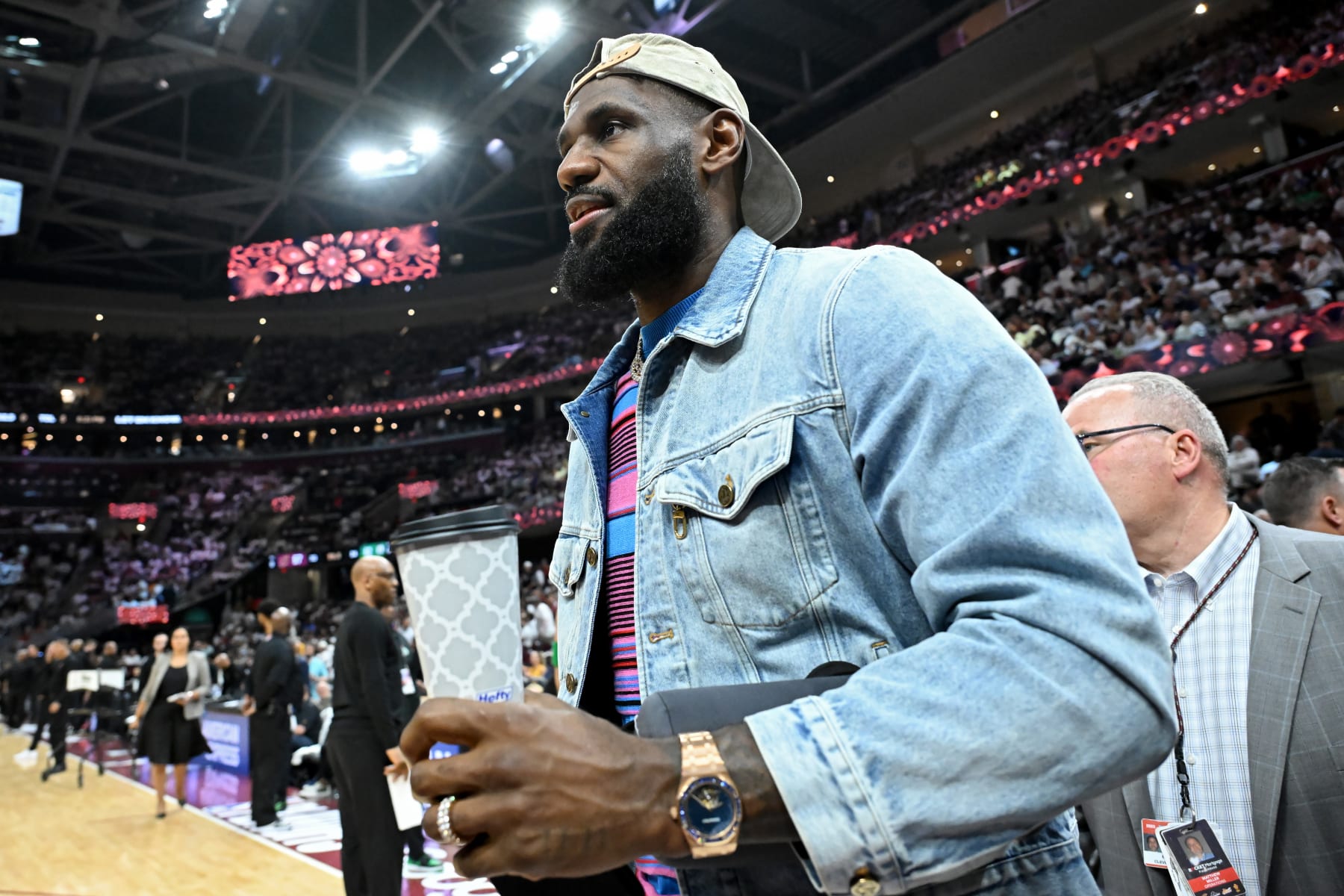 CLEVELAND, OHIO - MAY 13: LeBron James attends Game Four of the Eastern Conference Second Round Playoffs at Rocket Mortgage Fieldhouse on May 13, 2024 in Cleveland, Ohio. NOTE TO USER: User expressly acknowledges and agrees that, by downloading and or using this photograph, User is consenting to the terms and conditions of the Getty Images License Agreement. (Photo by Nick Cammett/Getty Images)