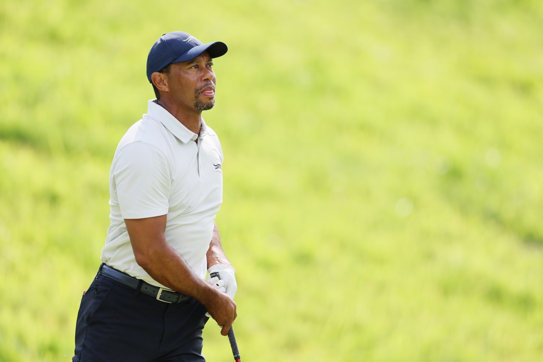 LOUISVILLE, KENTUCKY - MAY 13: Tiger Woods of the United States follows his shot during a practice round prior to the 2024 PGA Championship at Valhalla Golf Club on May 13, 2024 in Louisville, Kentucky. (Photo by Andy Lyons/Getty Images)
