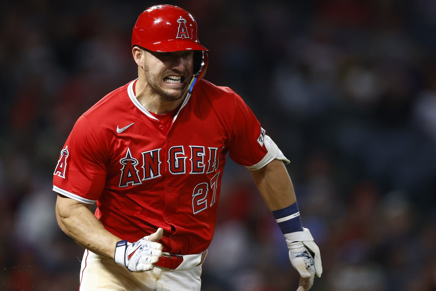 ANAHEIM, CALIFORNIA - APRIL 29:  Mike Trout #27 of the Los Angeles Angels in the seventh inning at Angel Stadium of Anaheim on April 29, 2024 in Anaheim, California. (Photo by Ronald Martinez/Getty Images)