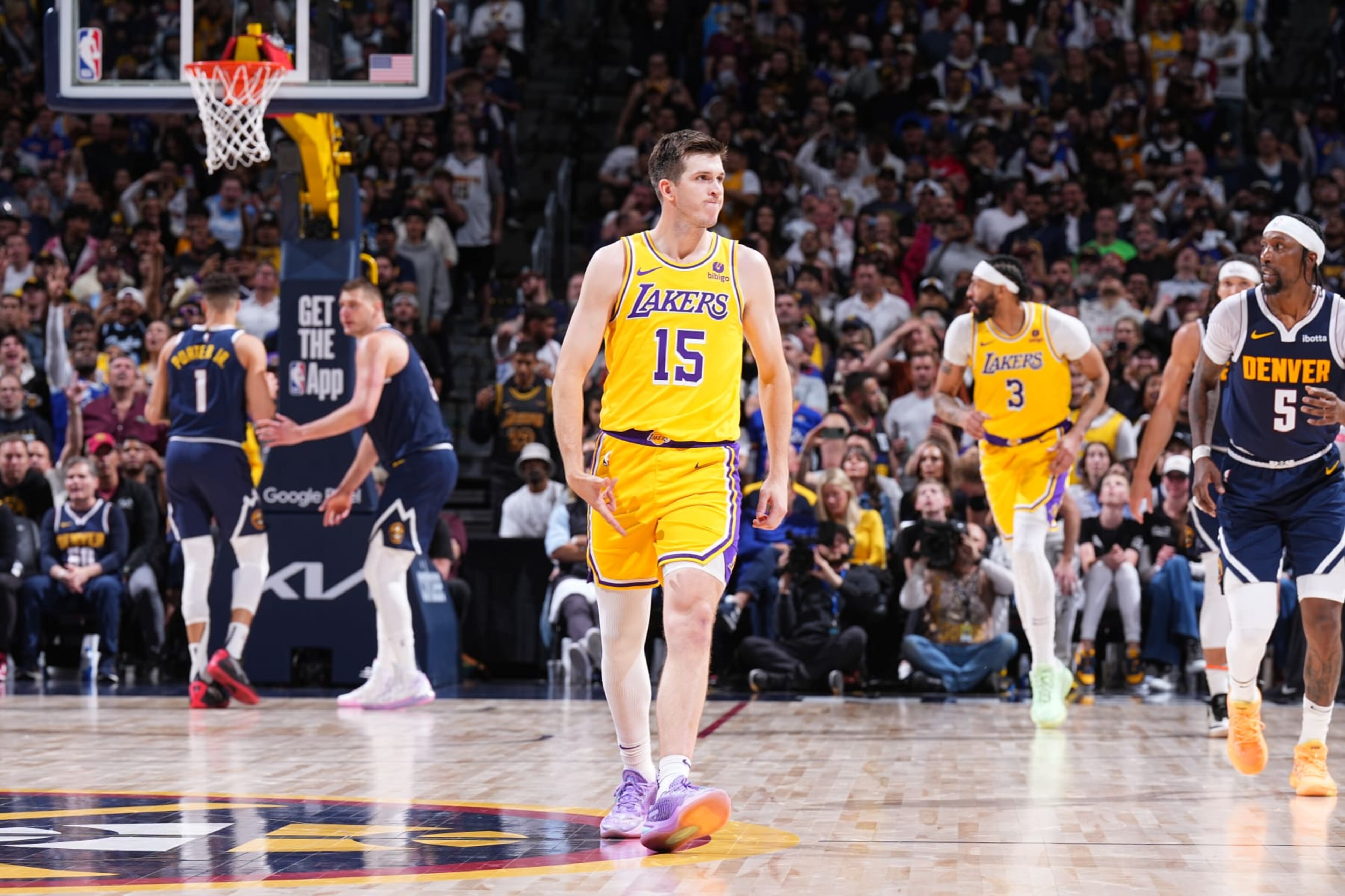 DENVER, CO - APRIL 29: Austin Reaves #15 of the Los Angeles Lakers celebrates during the game against the Denver Nuggets during Round 1 Game 5 of the 2024 NBA Playoffs on April 29, 2024 at the Ball Arena in Denver, Colorado. NOTE TO USER: User expressly acknowledges and agrees that, by downloading and/or using this Photograph, user is consenting to the terms and conditions of the Getty Images License Agreement. Mandatory Copyright Notice: Copyright 2024 NBAE (Photo by Garrett Ellwood/NBAE via Getty Images) DENVER, CO - APRIL 29: Austin Reaves #15 of the Los Angeles Lakers celebrates during the game against the Denver Nuggets during Round 1 Game 5 of the 2024 NBA Playoffs on April 29, 2024 at the Ball Arena in Denver, Colorado. NOTE TO USER: User expressly acknowledges and agrees that, by downloading and/or using this Photograph, user is consenting to the terms and conditions of the Getty Images License Agreement. Mandatory Copyright Notice: Copyright 2024 NBAE (Photo by Garrett Ellwood/NBAE via Getty Images)