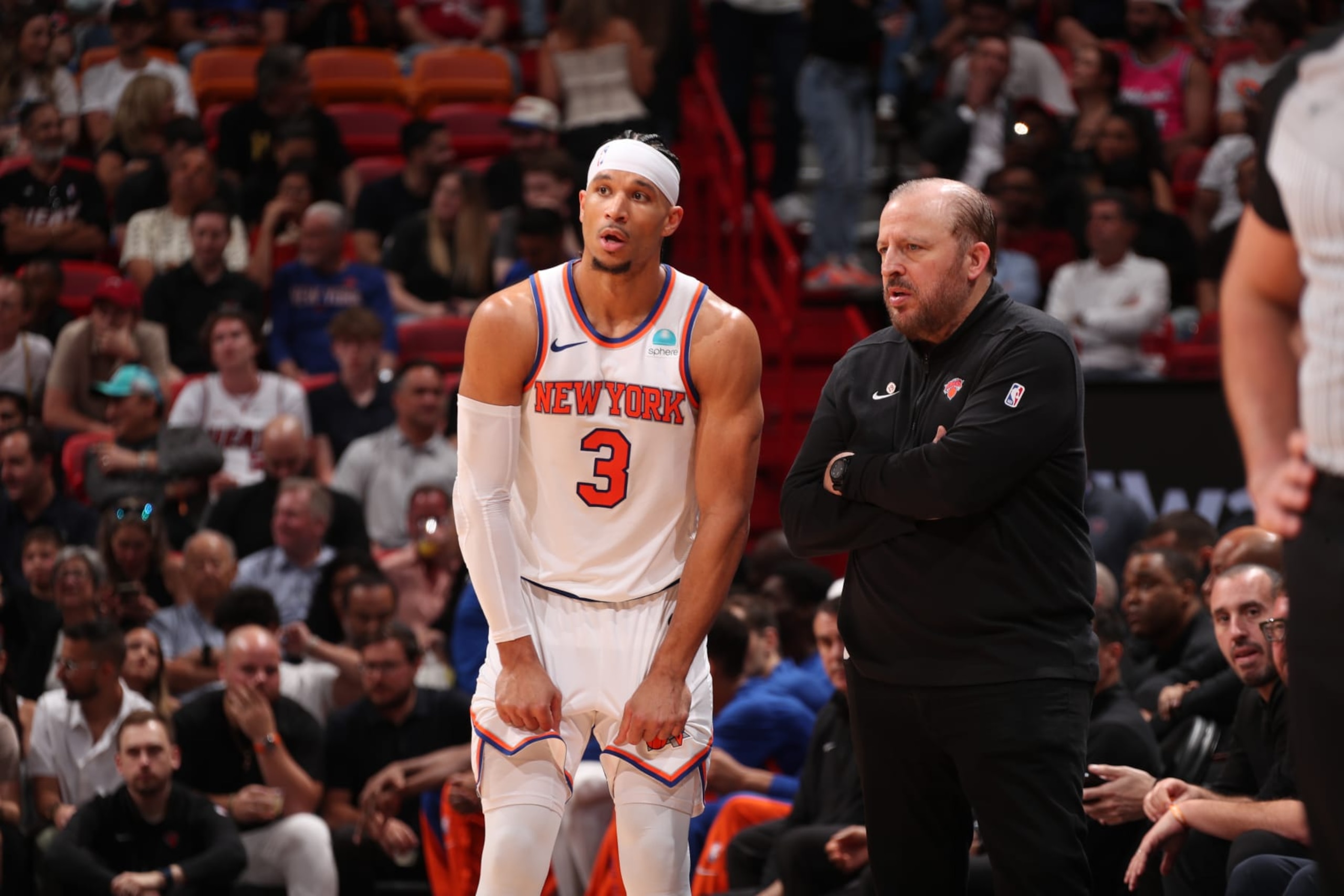 MIAMI, FL - APRIL 2: Josh Hart #3 of the New York Knicks and Head Coach Tom Thibodeau of the New York Knicks speak during the game against the Miami Heat on April 2, 2024 at Kaseya Center in Miami, Florida. NOTE TO USER: User expressly acknowledges and agrees that, by downloading and or using this Photograph, user is consenting to the terms and conditions of the Getty Images License Agreement. Mandatory Copyright Notice: Copyright 2024 NBAE (Photo by Issac Baldizon/NBAE via Getty Images) MIAMI, FL - APRIL 2: Josh Hart #3 of the New York Knicks and Head Coach Tom Thibodeau of the New York Knicks speak during the game against the Miami Heat on April 2, 2024 at Kaseya Center in Miami, Florida. NOTE TO USER: User expressly acknowledges and agrees that, by downloading and or using this Photograph, user is consenting to the terms and conditions of the Getty Images License Agreement. Mandatory Copyright Notice: Copyright 2024 NBAE (Photo by Issac Baldizon/NBAE via Getty Images)