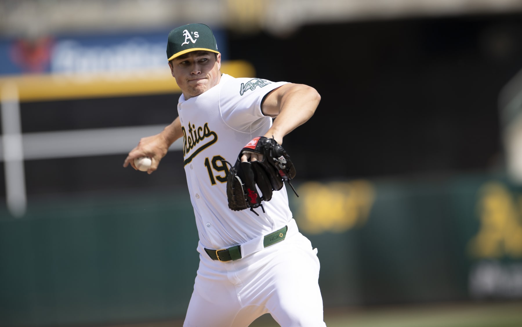 OAKLAND, CA - APRIL 17: Mason Miller #19 of the Oakland Athletics pitches during the game against the St. Louis Cardinals at the Oakland Coliseum on April 17, 2024 in Oakland, California. The Athletics defeated the Cardinals 6-3. (Photo by Michael Zagaris/Oakland Athletics/Getty Images)